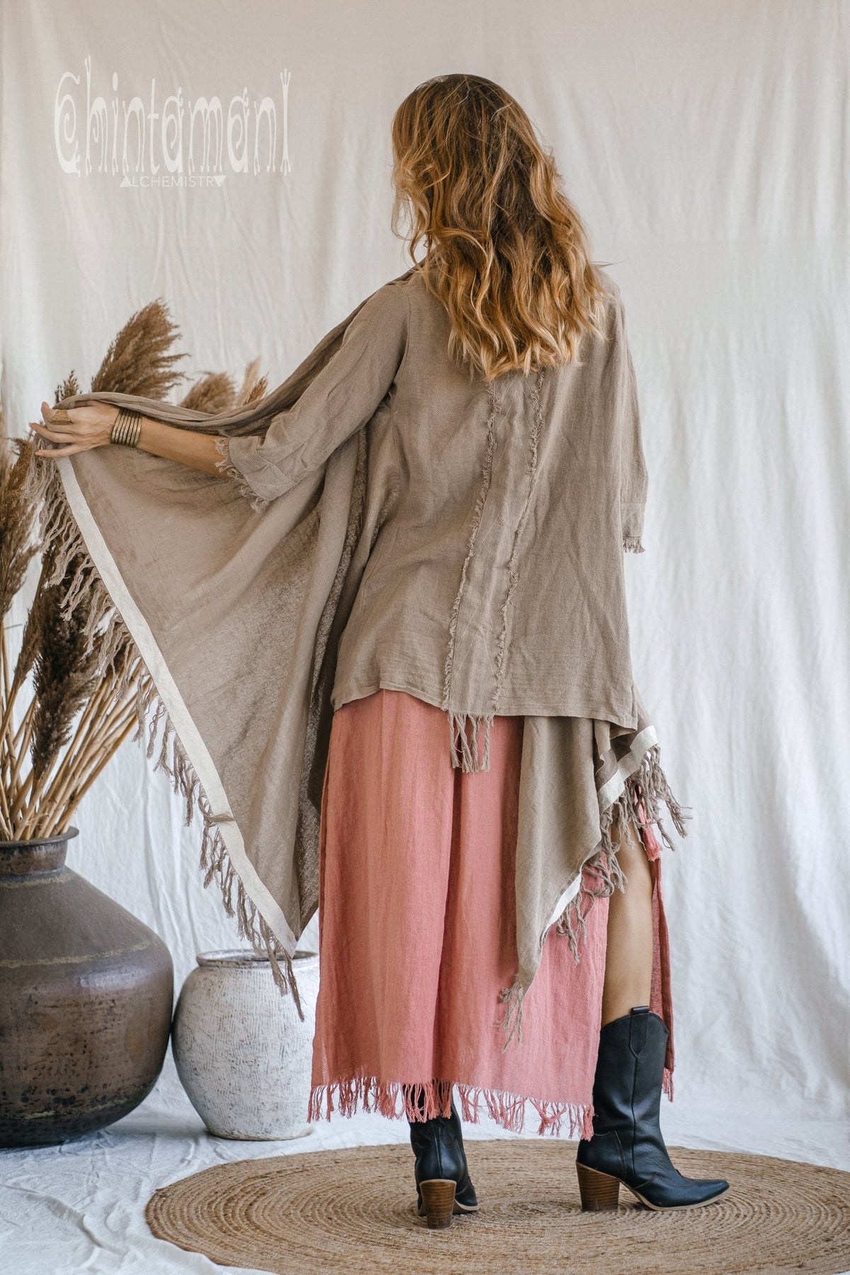 Raw Cotton Sleeves Shawl Cardigan / Boho Wrap Cloak / Coffee - ChintamaniAlchemi