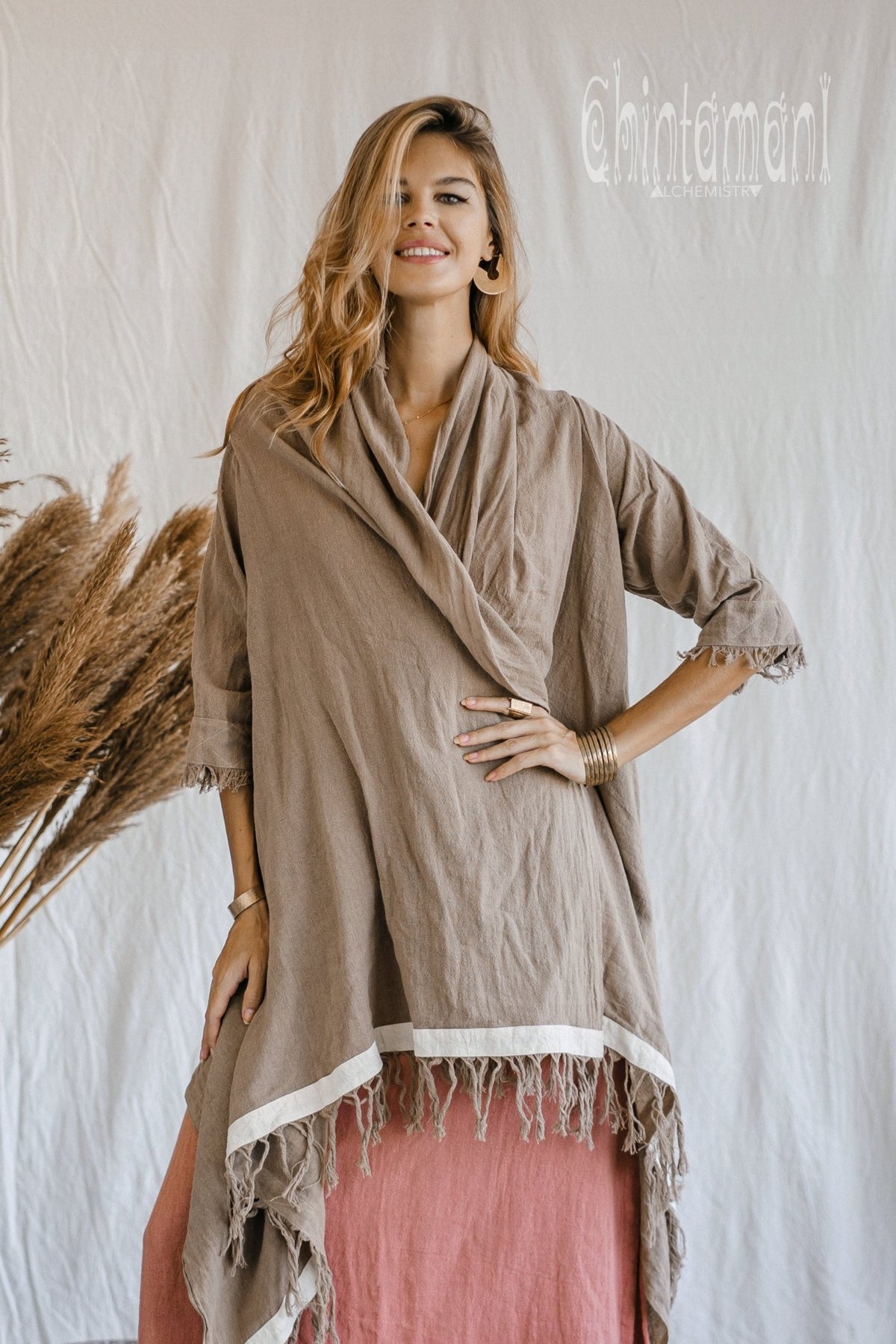 Raw Cotton Sleeves Shawl Cardigan / Boho Wrap Cloak / Coffee - ChintamaniAlchemi