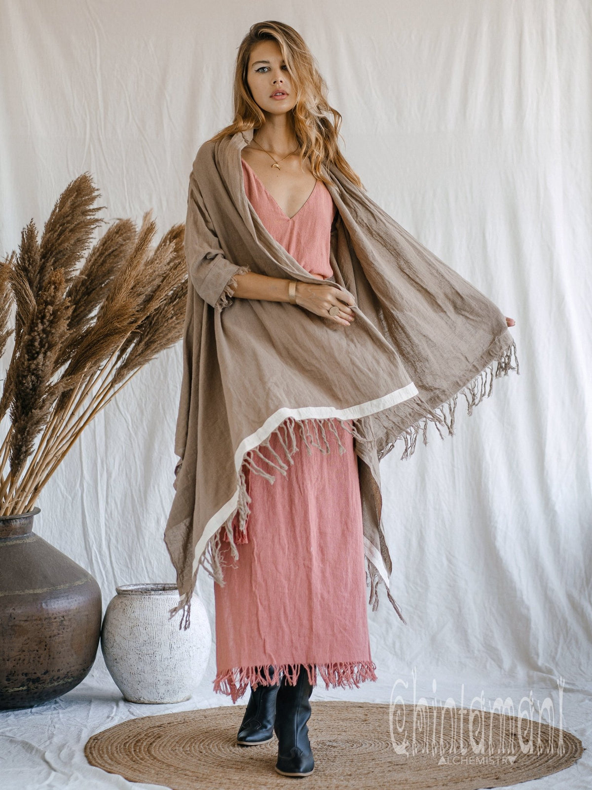 Raw Cotton Sleeves Shawl Cardigan / Boho Wrap Cloak / Coffee - ChintamaniAlchemi