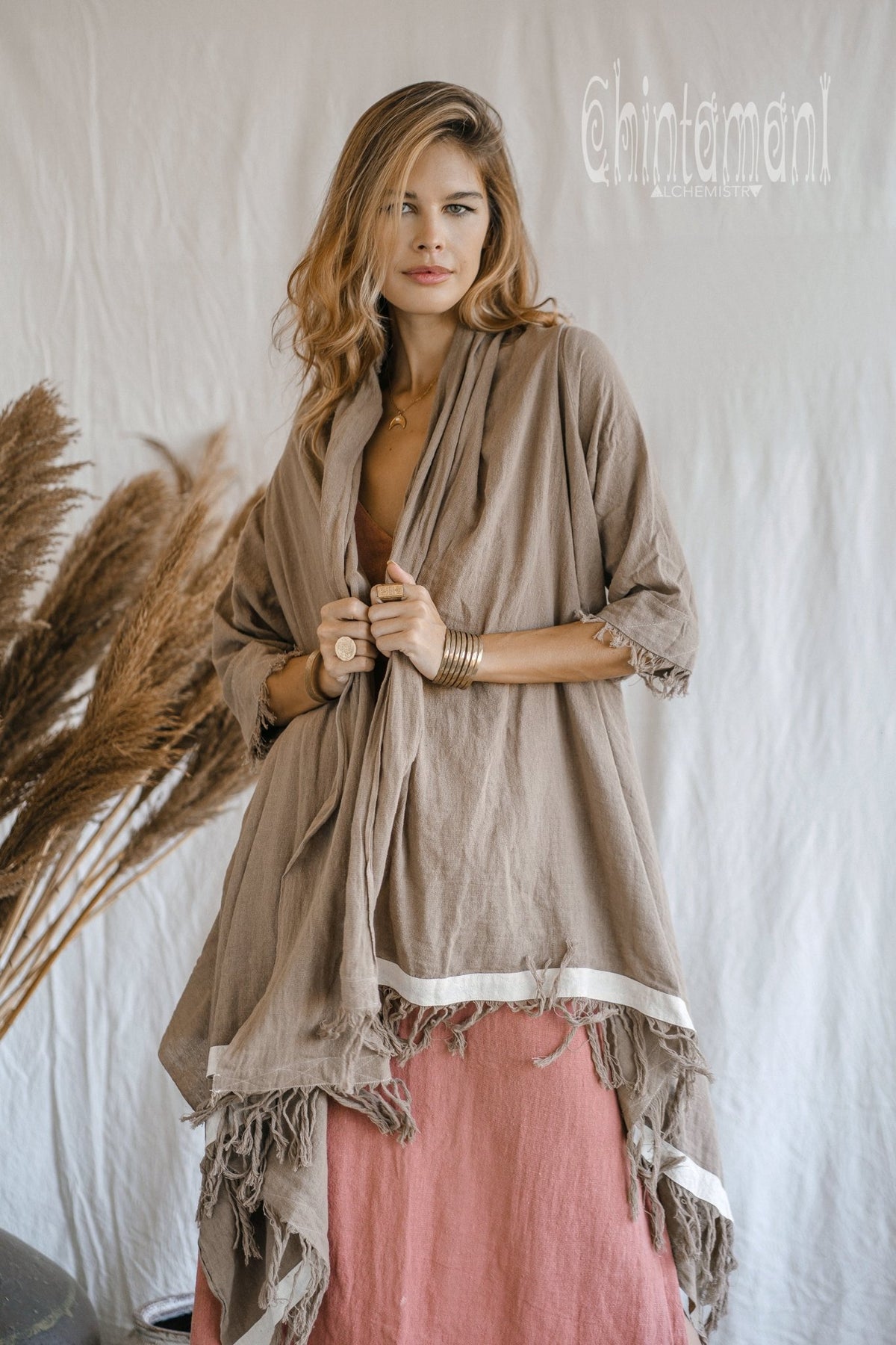 Raw Cotton Sleeves Shawl Cardigan / Boho Wrap Cloak / Coffee - ChintamaniAlchemi