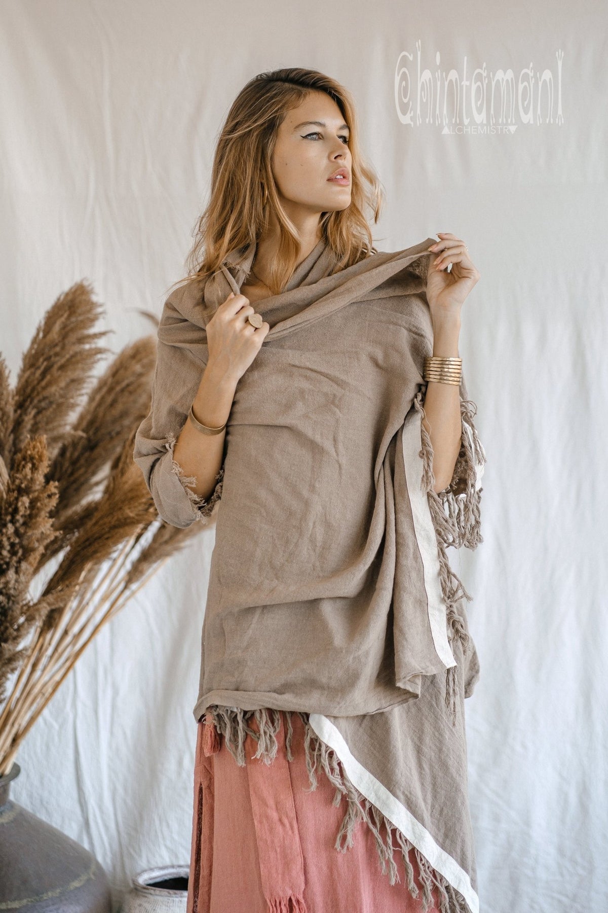 Raw Cotton Sleeves Shawl Cardigan / Boho Wrap Cloak / Coffee - ChintamaniAlchemi