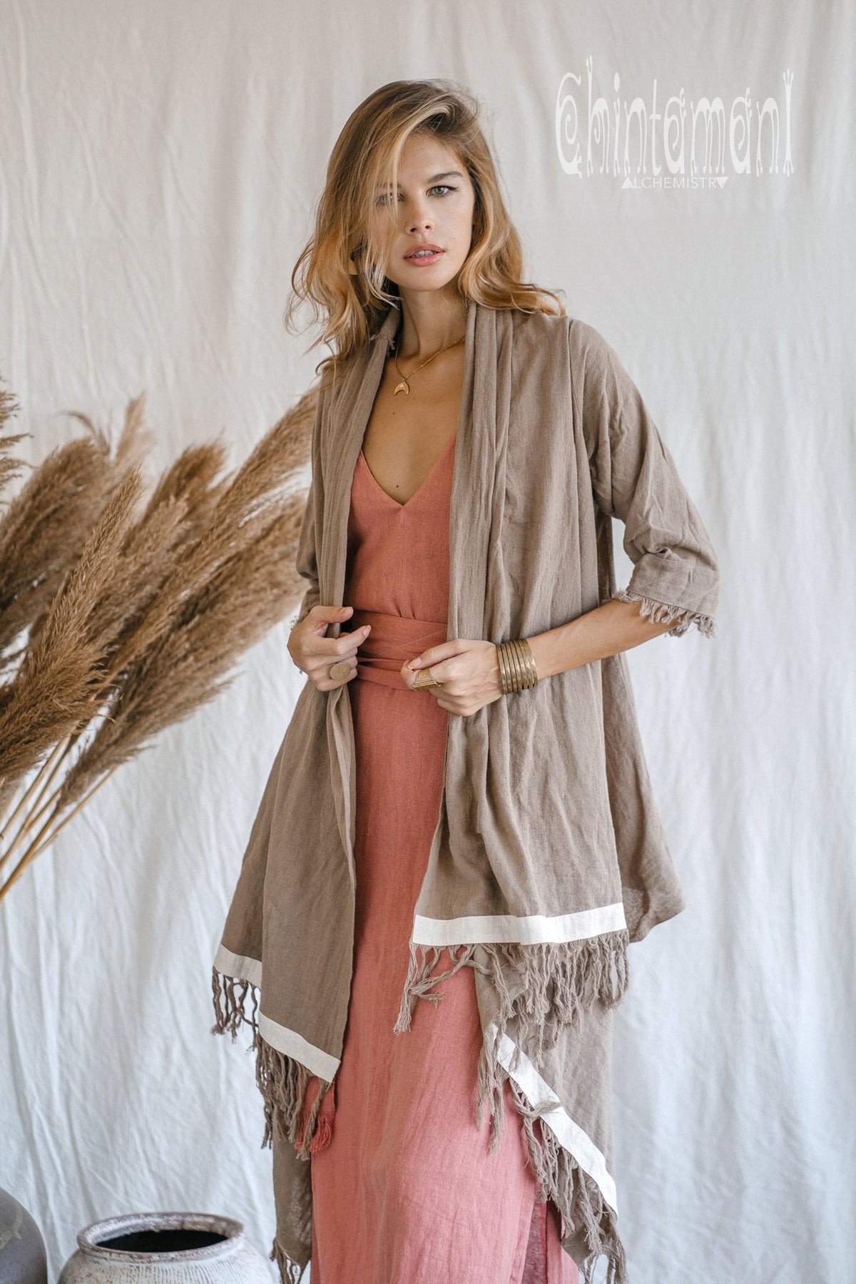 Raw Cotton Sleeves Shawl Cardigan / Boho Wrap Cloak / Coffee - ChintamaniAlchemi