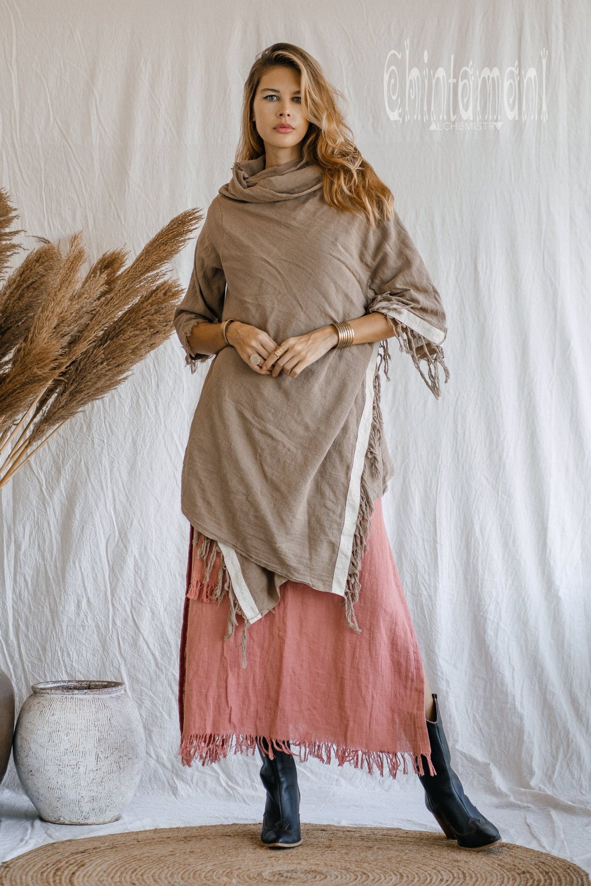 Raw Cotton Sleeves Shawl Cardigan / Boho Wrap Cloak / Coffee - ChintamaniAlchemi