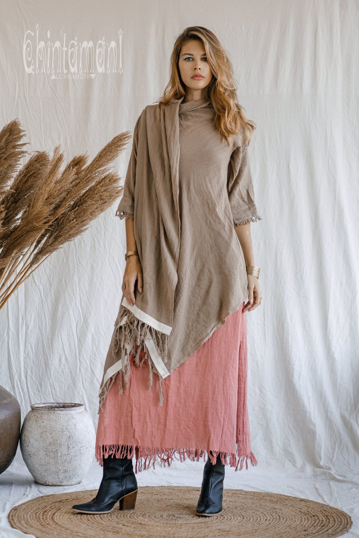 Raw Cotton Sleeves Shawl Cardigan / Boho Wrap Cloak / Coffee - ChintamaniAlchemi