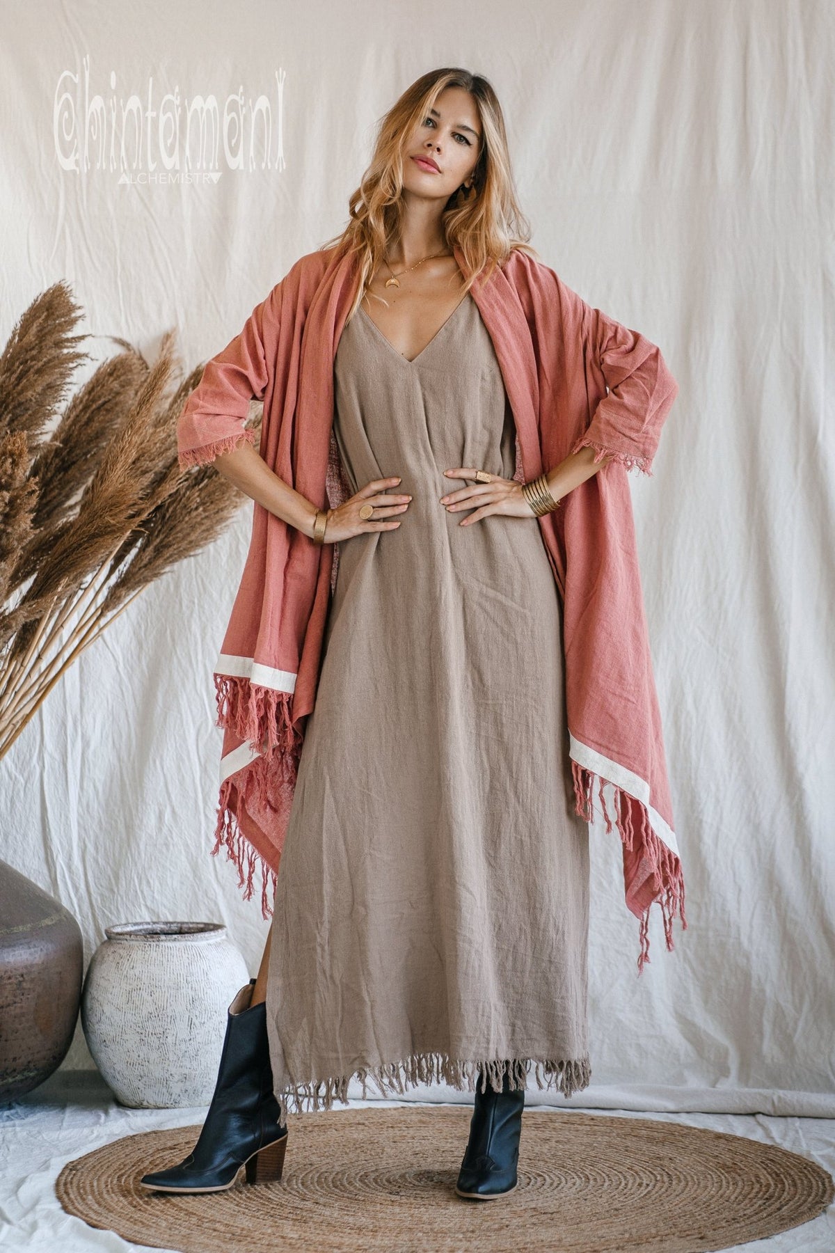 Raw Cotton Sleeves Shawl Cardigan / Boho Wrap Cloak / Pink - ChintamaniAlchemi