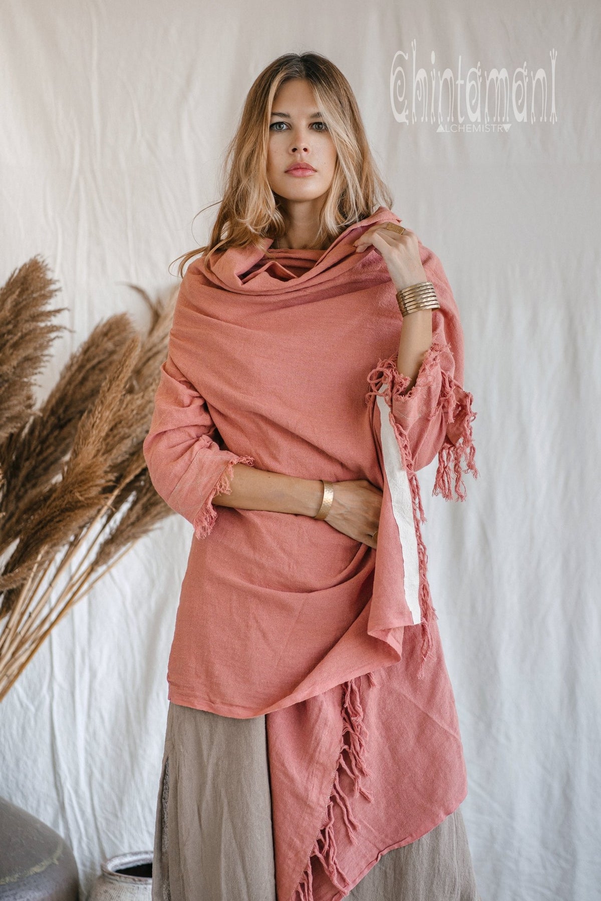 Raw Cotton Sleeves Shawl Cardigan / Boho Wrap Cloak / Pink - ChintamaniAlchemi