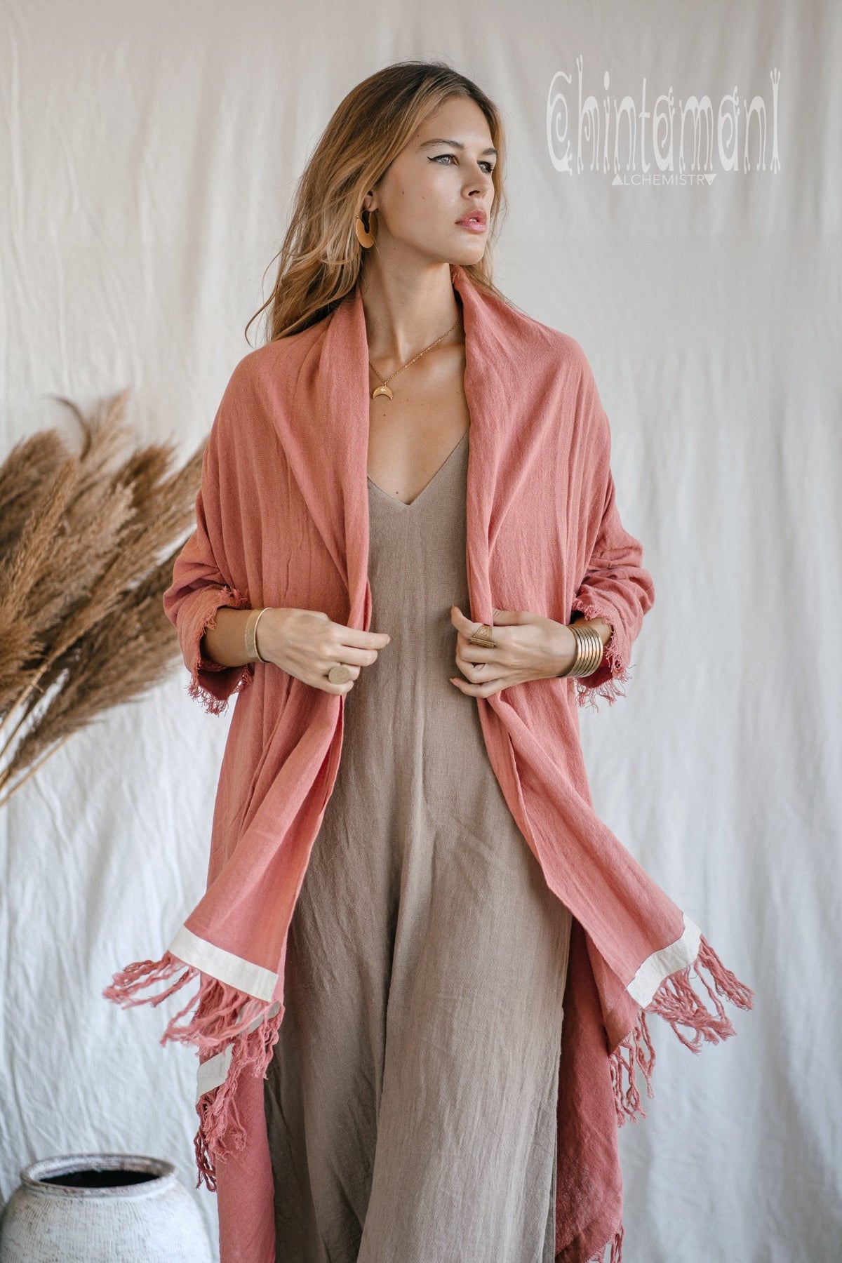 Raw Cotton Sleeves Shawl Cardigan / Boho Wrap Cloak / Pink - ChintamaniAlchemi