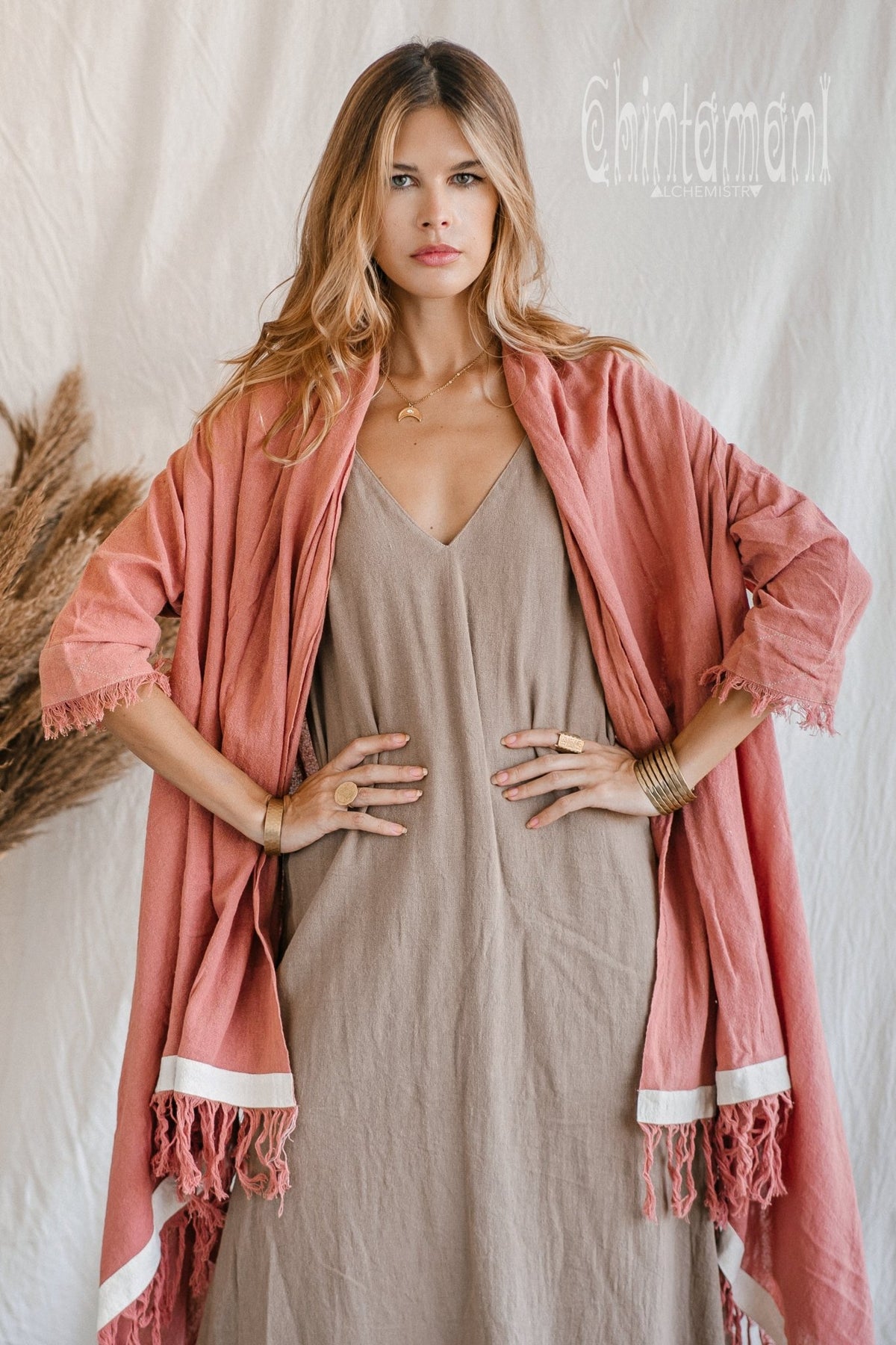 Raw Cotton Sleeves Shawl Cardigan / Boho Wrap Cloak / Pink - ChintamaniAlchemi