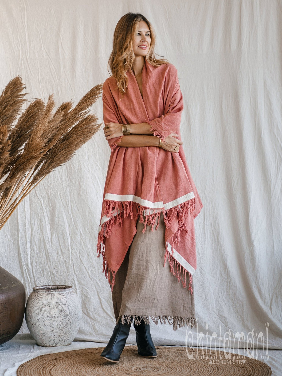 Raw Cotton Sleeves Shawl Cardigan / Boho Wrap Cloak / Pink - ChintamaniAlchemi