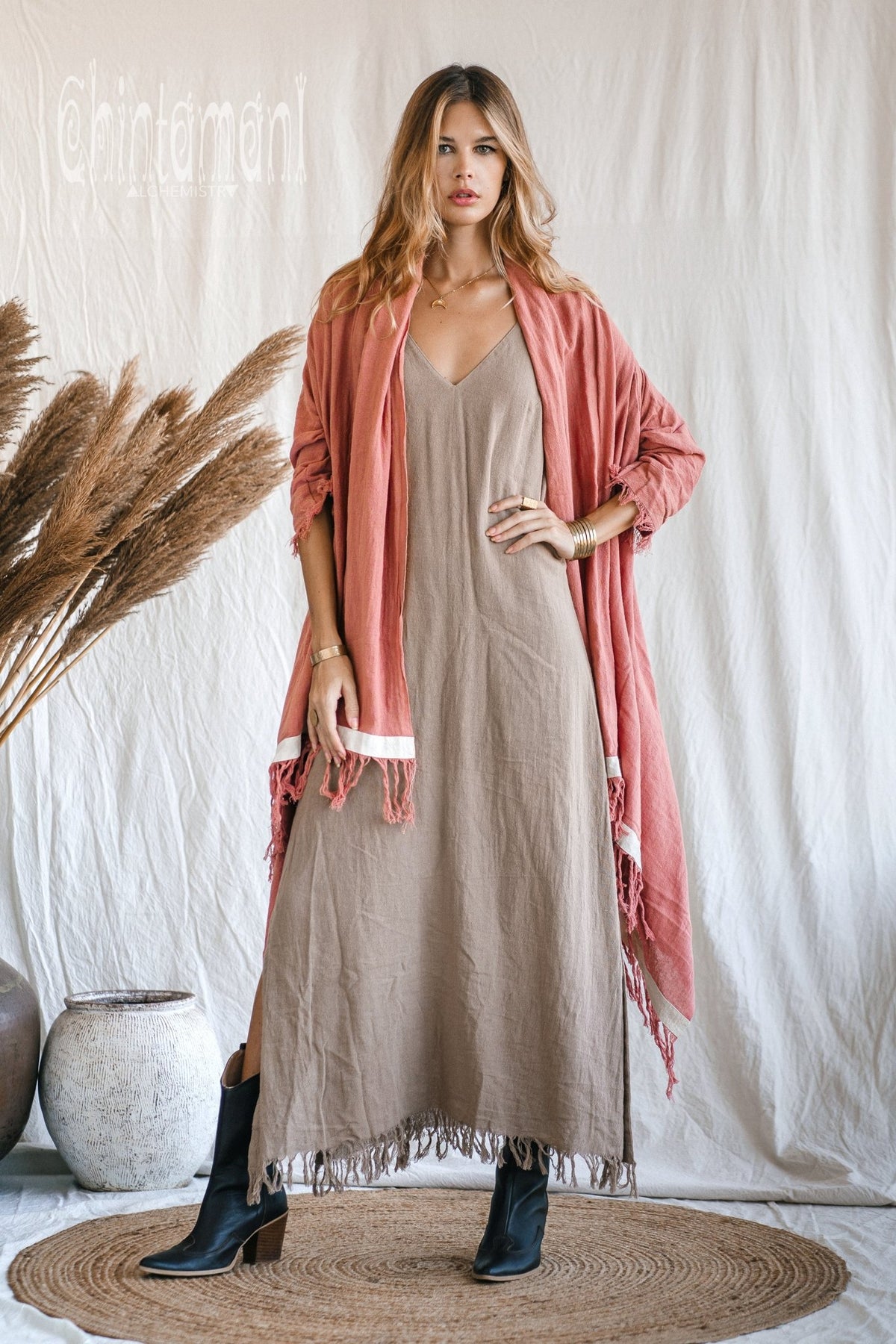 Raw Cotton Sleeves Shawl Cardigan / Boho Wrap Cloak / Pink - ChintamaniAlchemi