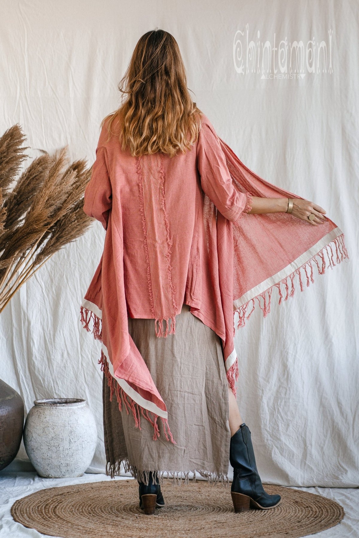 Raw Cotton Sleeves Shawl Cardigan / Boho Wrap Cloak / Pink - ChintamaniAlchemi