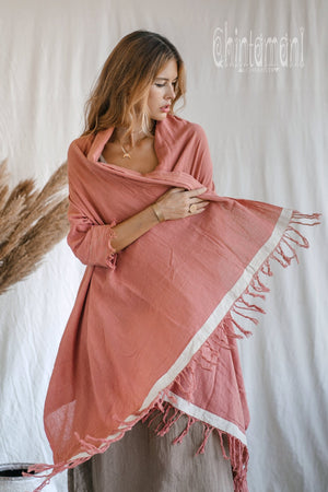 Raw Cotton Sleeves Shawl Cardigan / Boho Wrap Cloak / Pink - ChintamaniAlchemi