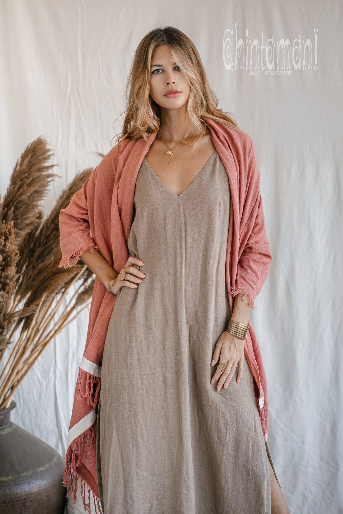 Raw Cotton Sleeves Shawl Cardigan / Boho Wrap Cloak / Pink - ChintamaniAlchemi