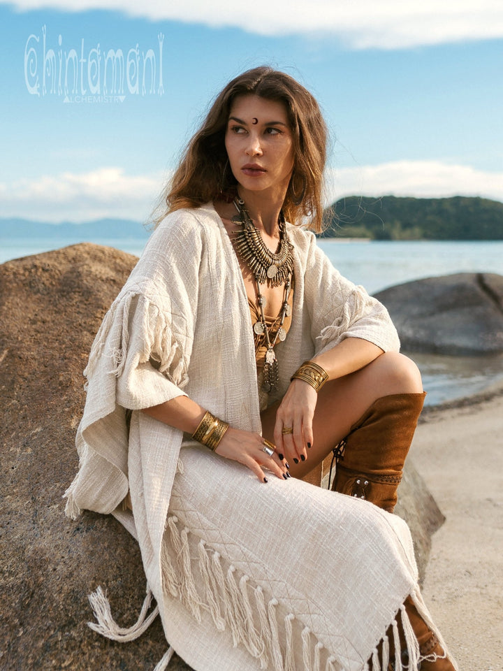 Raw Tassel Poncho / Off White - ChintamaniAlchemi