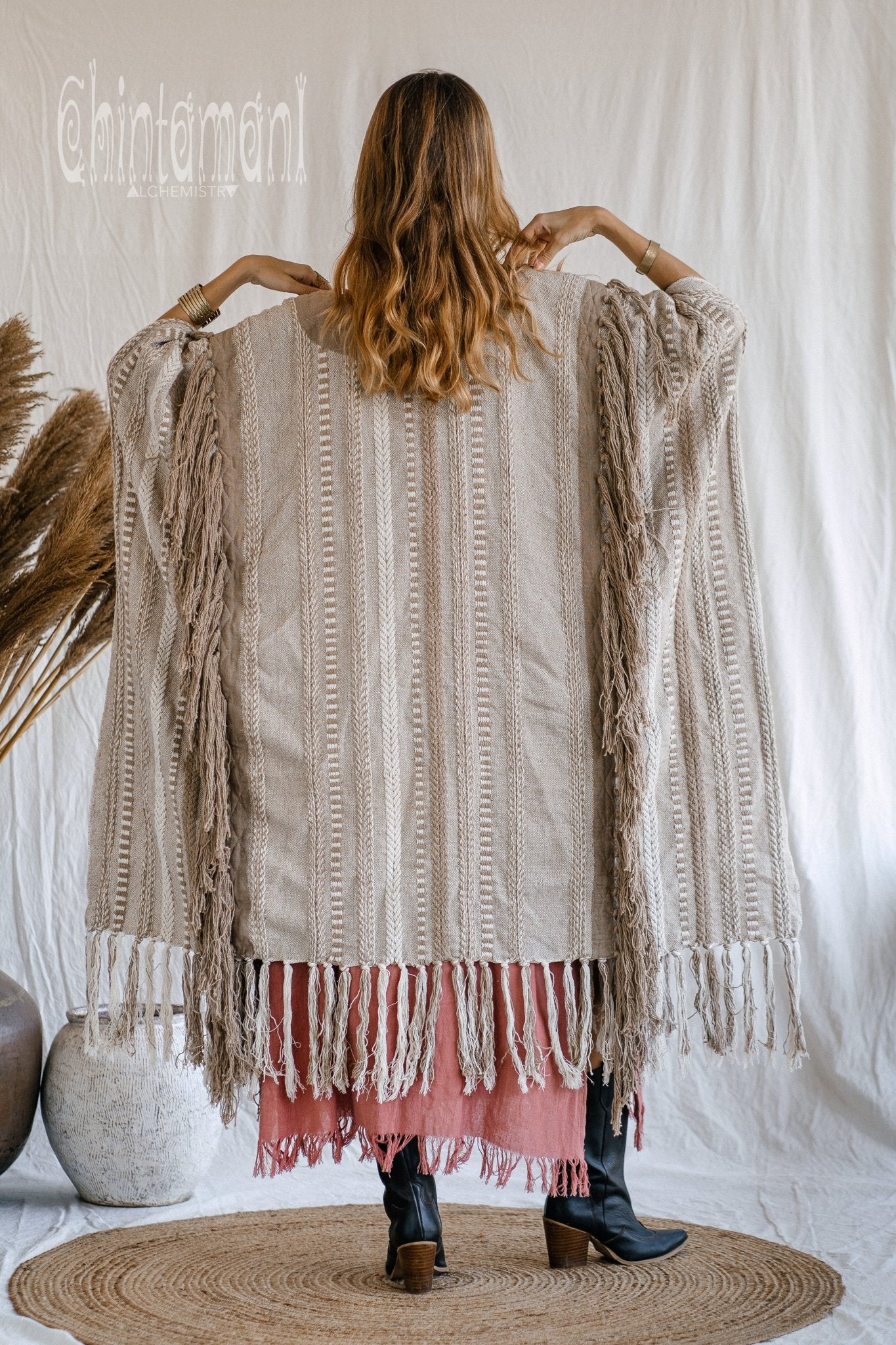 Jacquard Tassel Poncho / Coffee - ChintamaniAlchemi