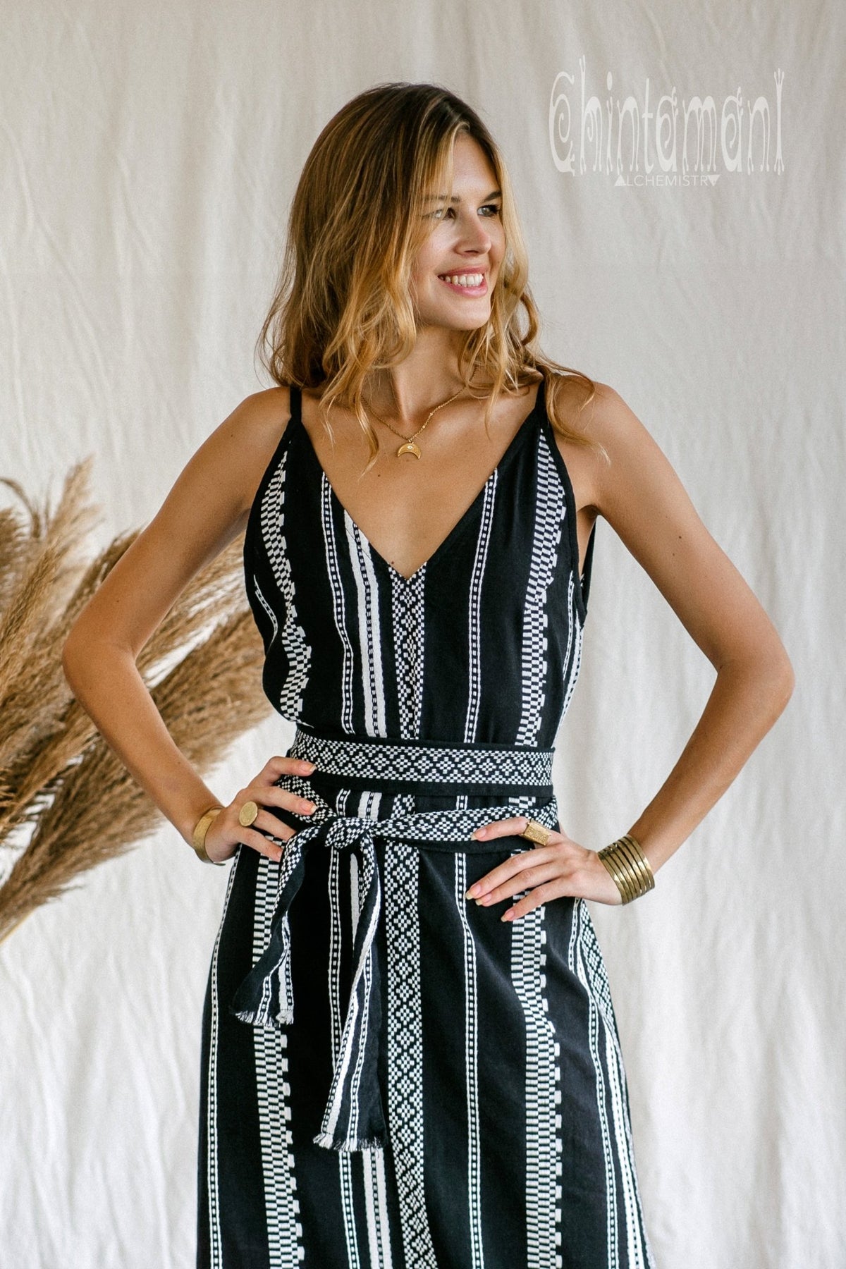 V-neck Jaquard Maxi Dress / Black and White - ChintamaniAlchemi