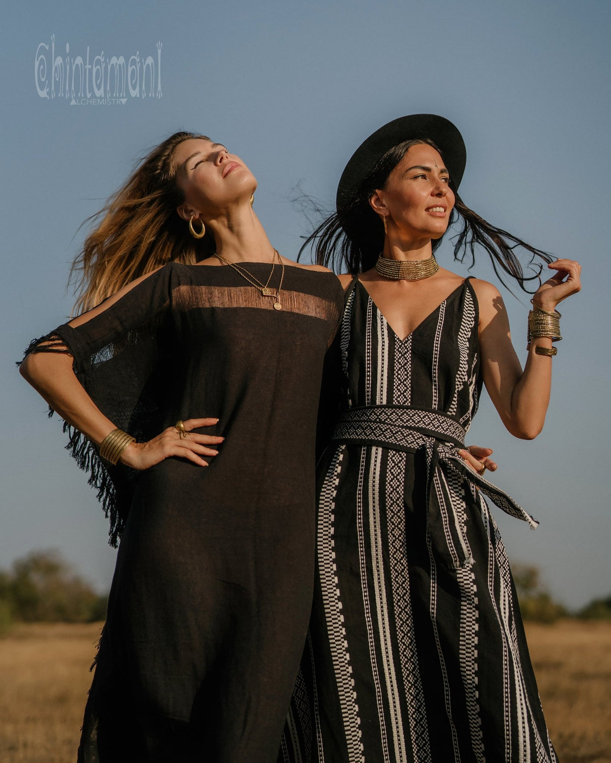 V-neck Jaquard Maxi Dress / Black and White - ChintamaniAlchemi