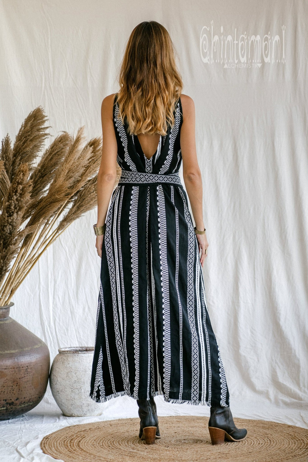V-neck Jaquard Maxi Dress / Black and White - ChintamaniAlchemi