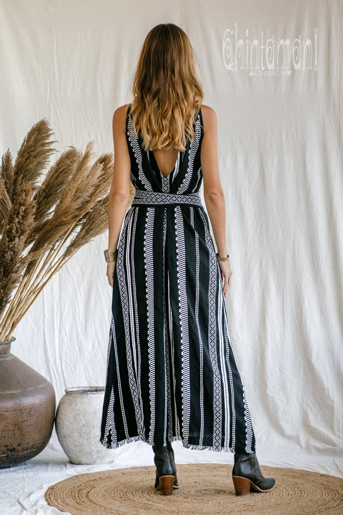 V-neck Jaquard Maxi Dress / Black and White - ChintamaniAlchemi