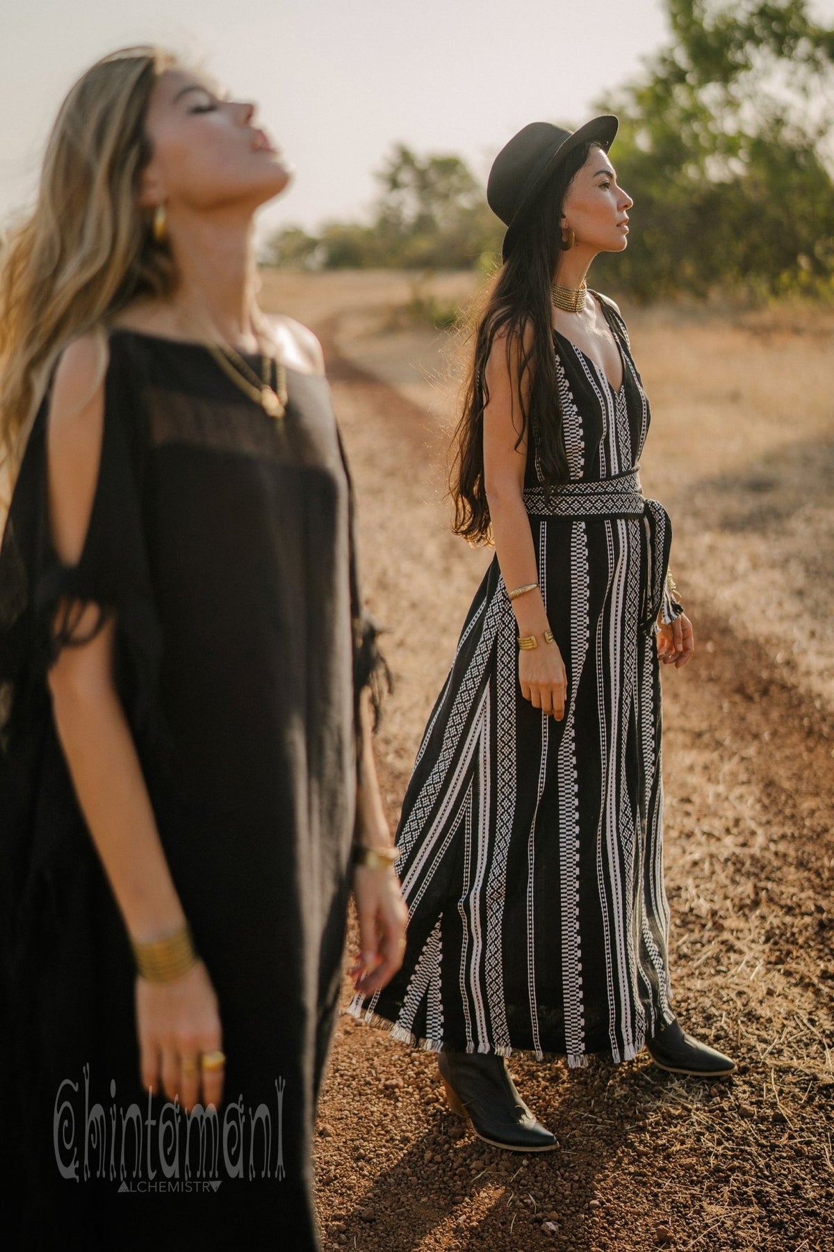 V-neck Jaquard Maxi Dress / Black and White - ChintamaniAlchemi