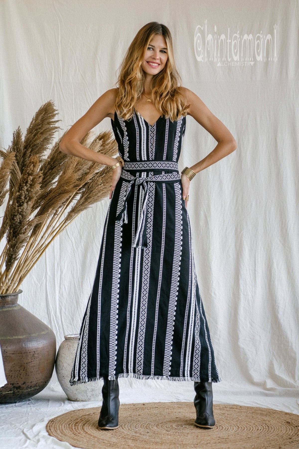 V-neck Jaquard Maxi Dress / Black and White - ChintamaniAlchemi