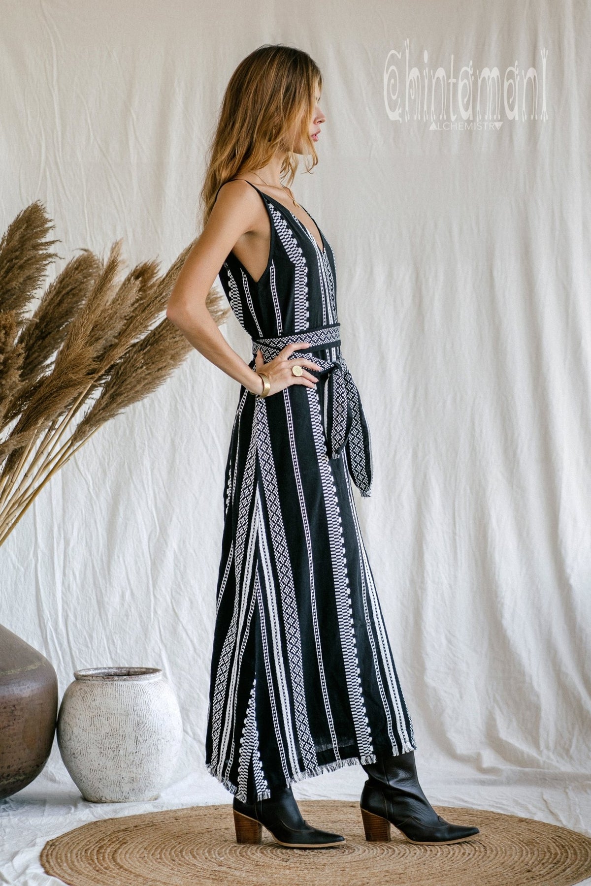 V-neck Jaquard Maxi Dress / Black and White - ChintamaniAlchemi