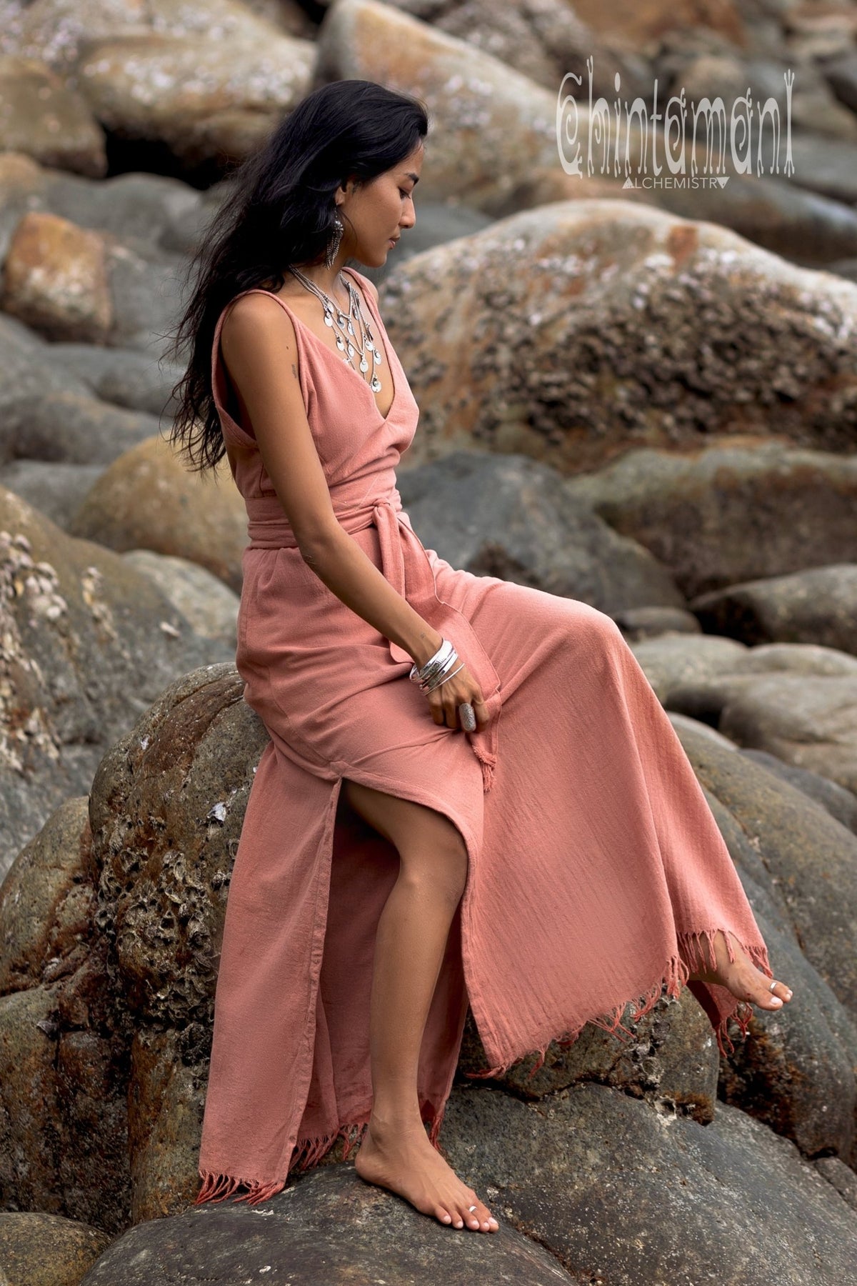 V - neck Maxi Dress / Coral Rose - ChintamaniAlchemi