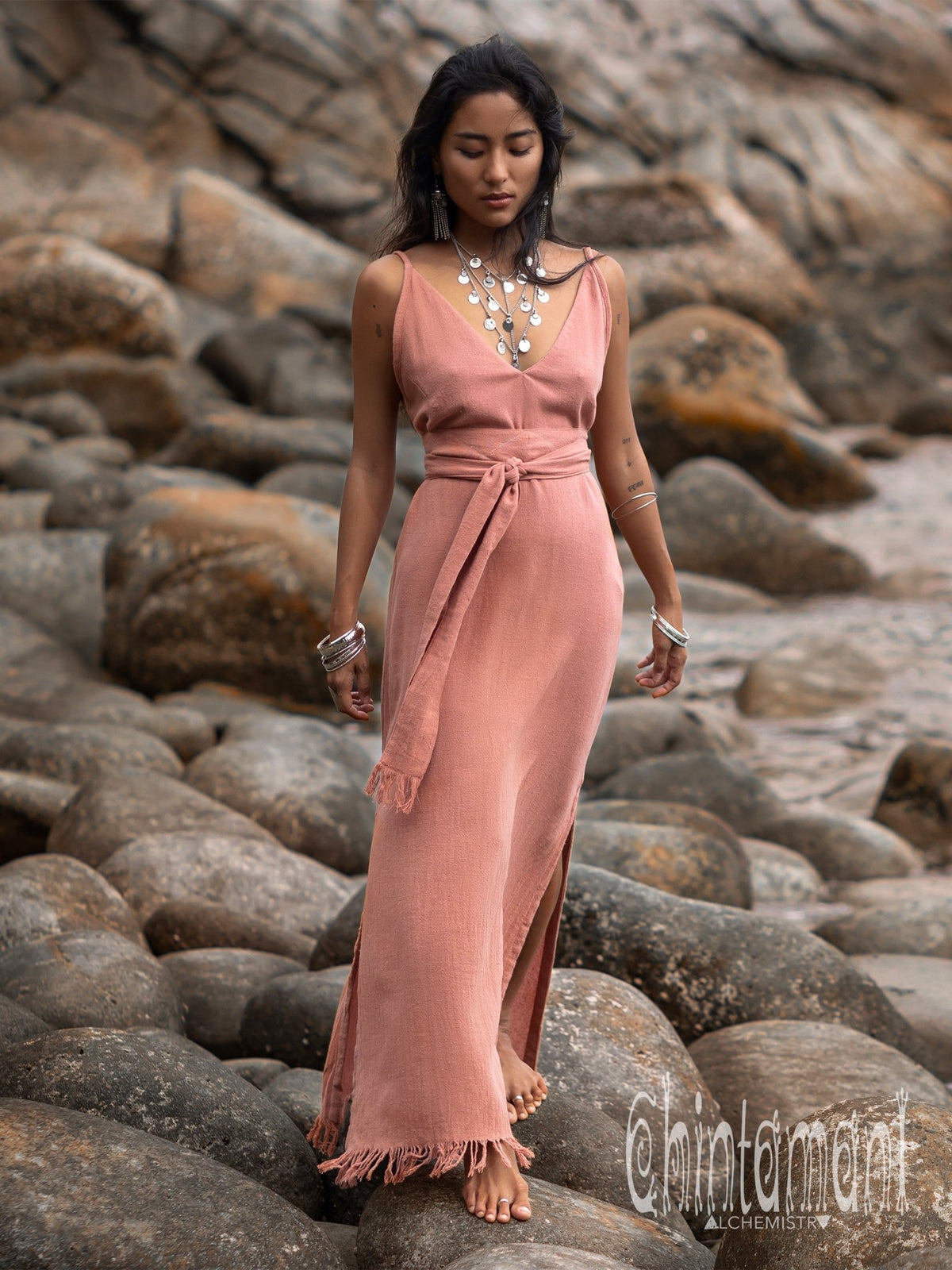 V - neck Maxi Dress / Coral Rose - ChintamaniAlchemi