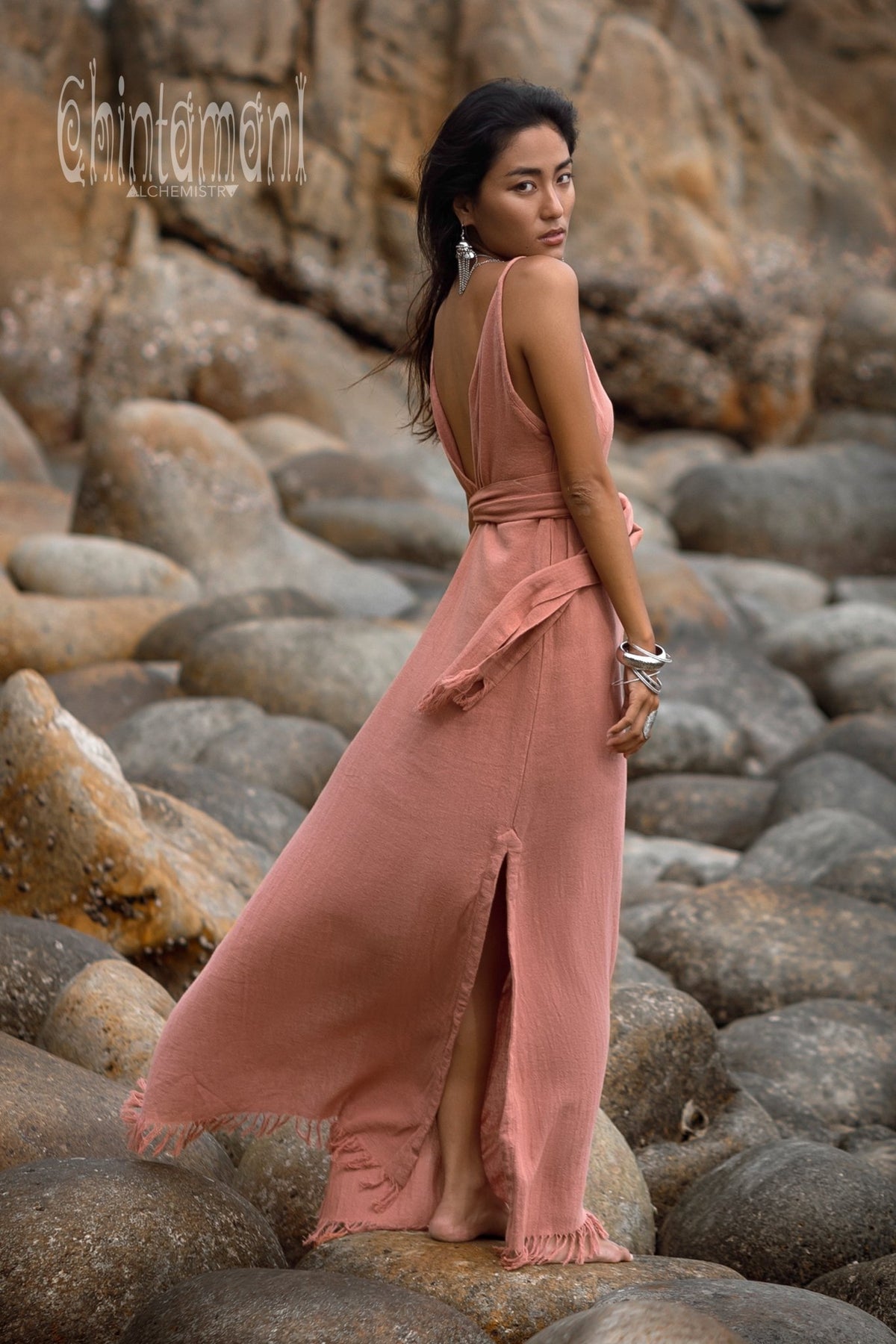 V - neck Maxi Dress / Coral Rose - ChintamaniAlchemi