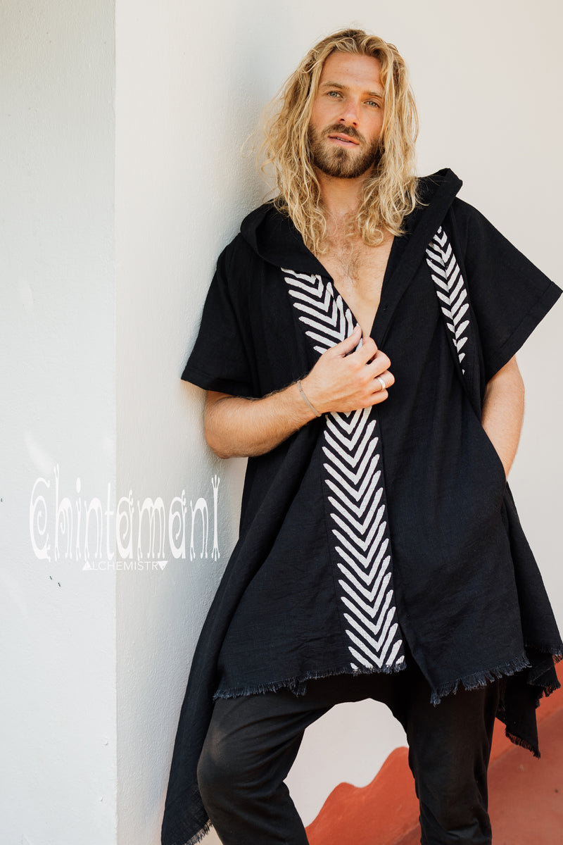 Organic Cotton Hooded Shirt for Men / Nomad Ripped Tunic / Black