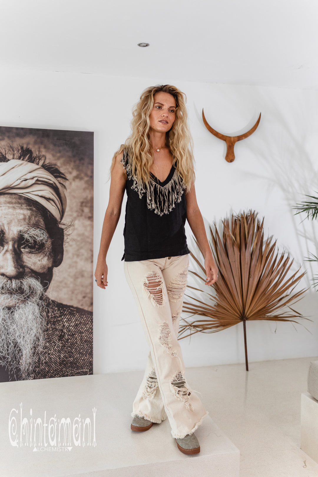 Fringy Linen Top / Black