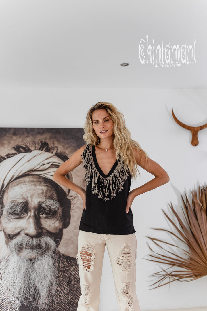 Fringy Linen Top / Black