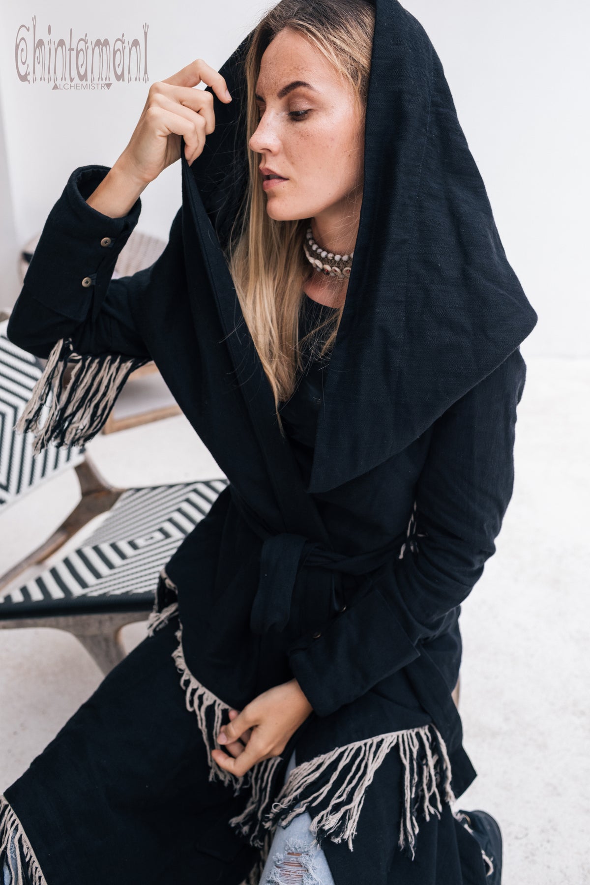 Long Linen &amp; Silk Coat for Women / Boho Hooded Cardigan / Black