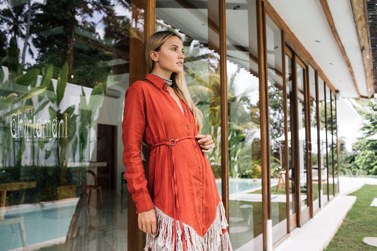 Linen Fringe Shirt Dress / Red Ochre