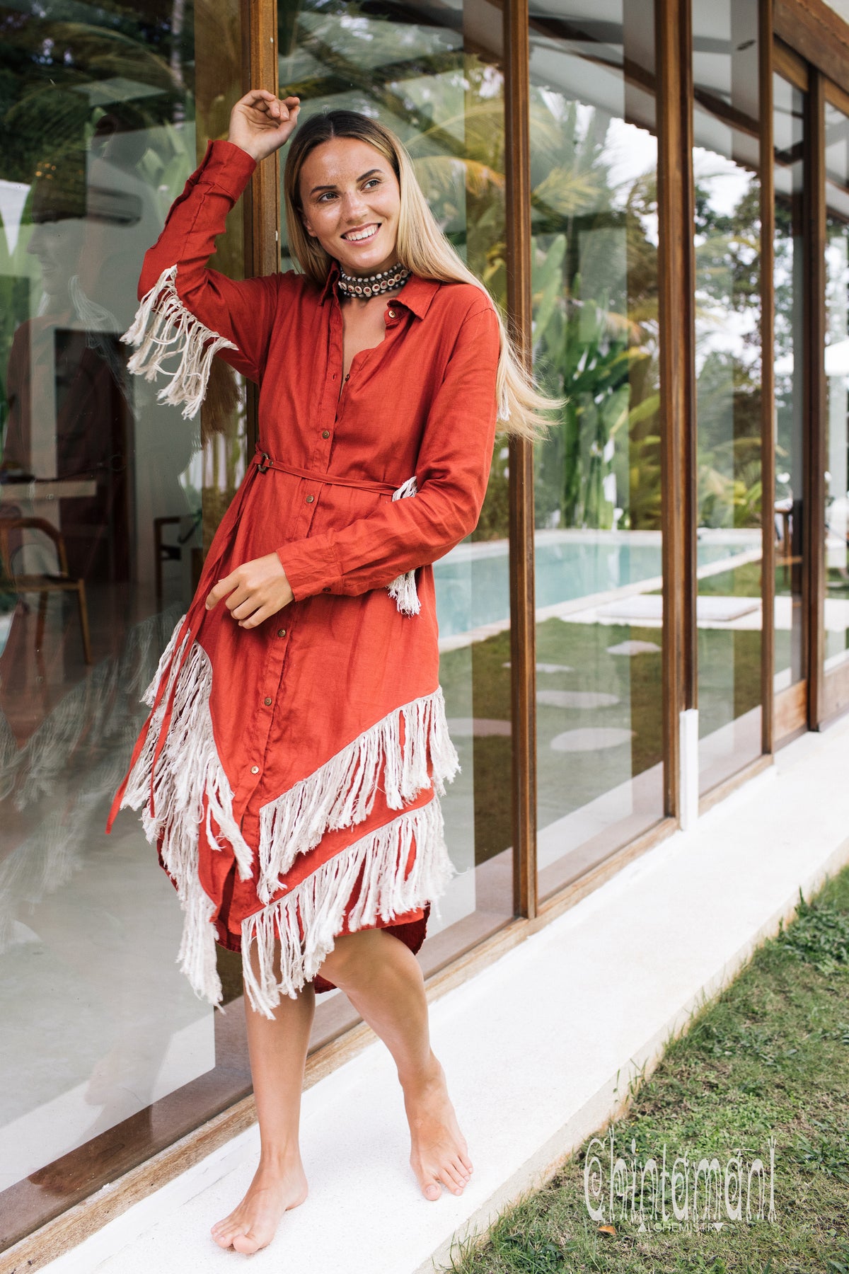 Linen Fringe Shirt Dress / Red Ochre