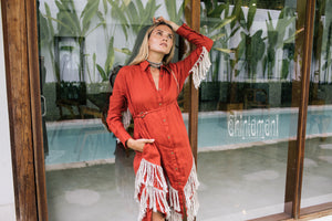 Linen Fringe Boho Shirt Dress for Women / Red Ochre