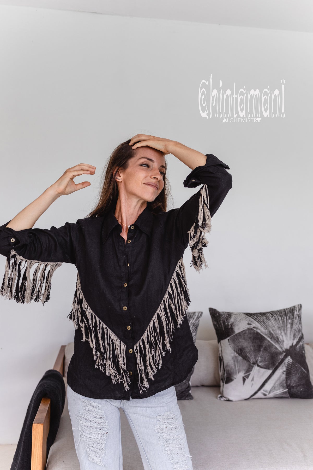 Linen Boho Button Shirt with Fringes / Black