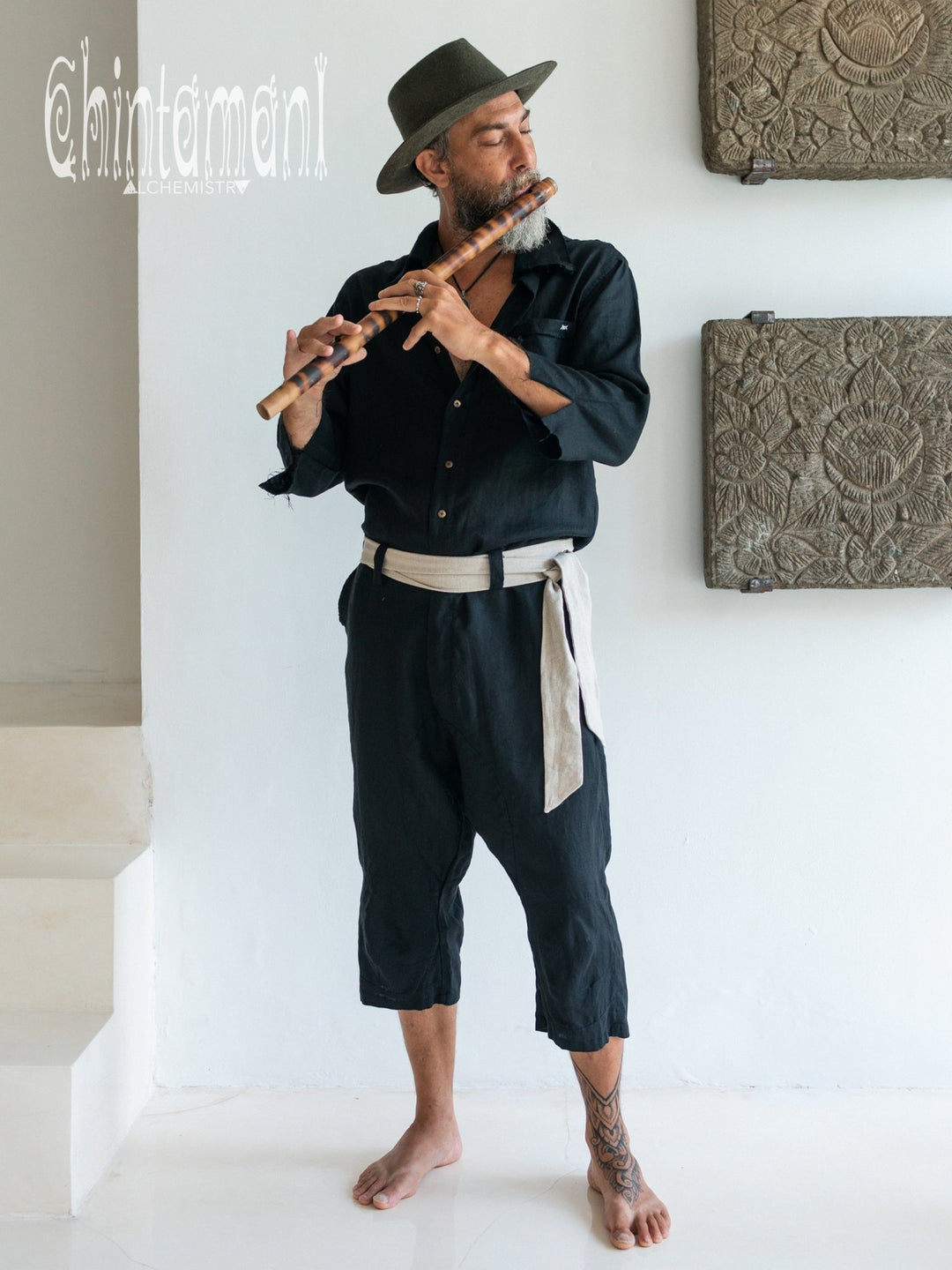 3/4 Linen Overalls for Men / Coverall Jumpsuit with Belt / Black - ChintamaniAlchemi
