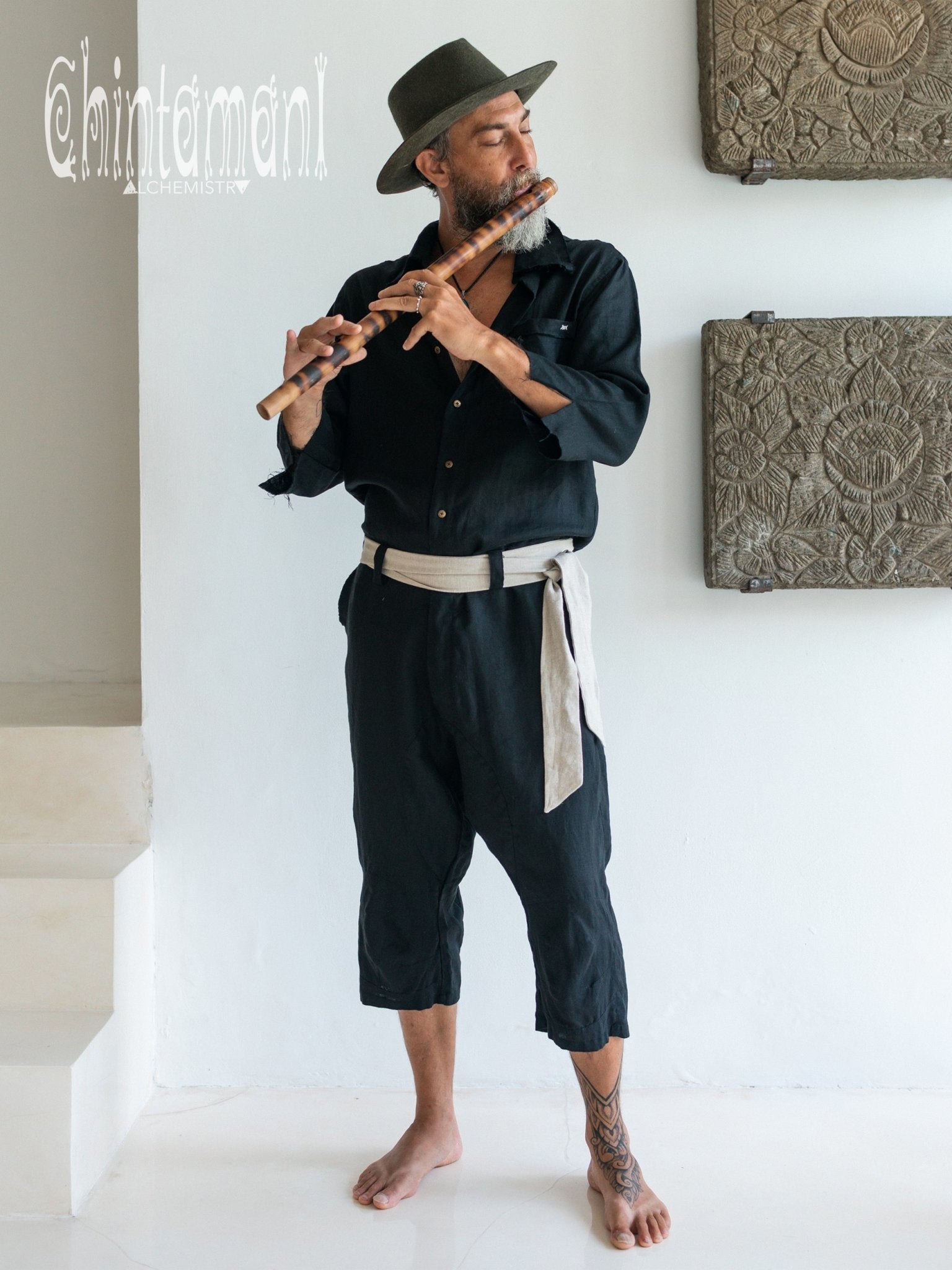 3/4 Linen Overalls for Men / Coverall Jumpsuit with Belt / Black - ChintamaniAlchemi