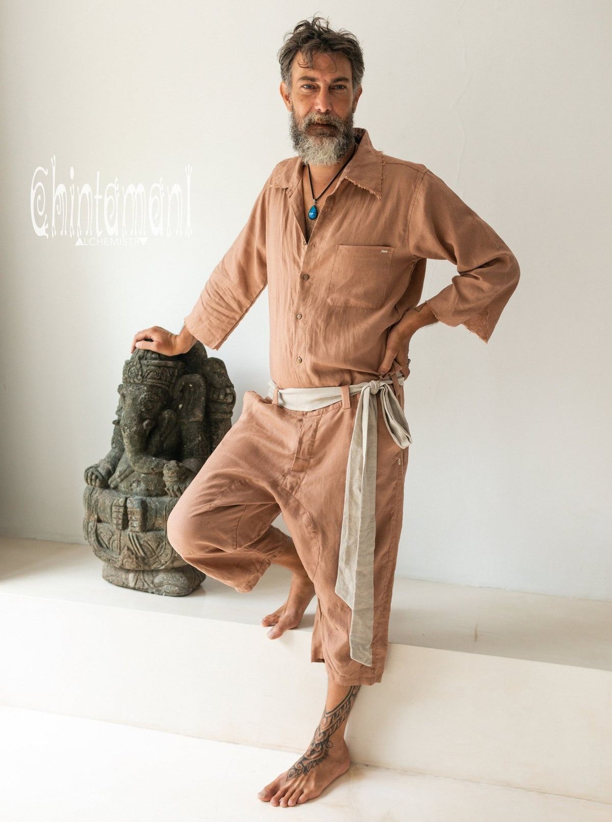 3/4 Linen Overalls for Men / Coverall Jumpsuit with Belt / Dusty Pink - ChintamaniAlchemi