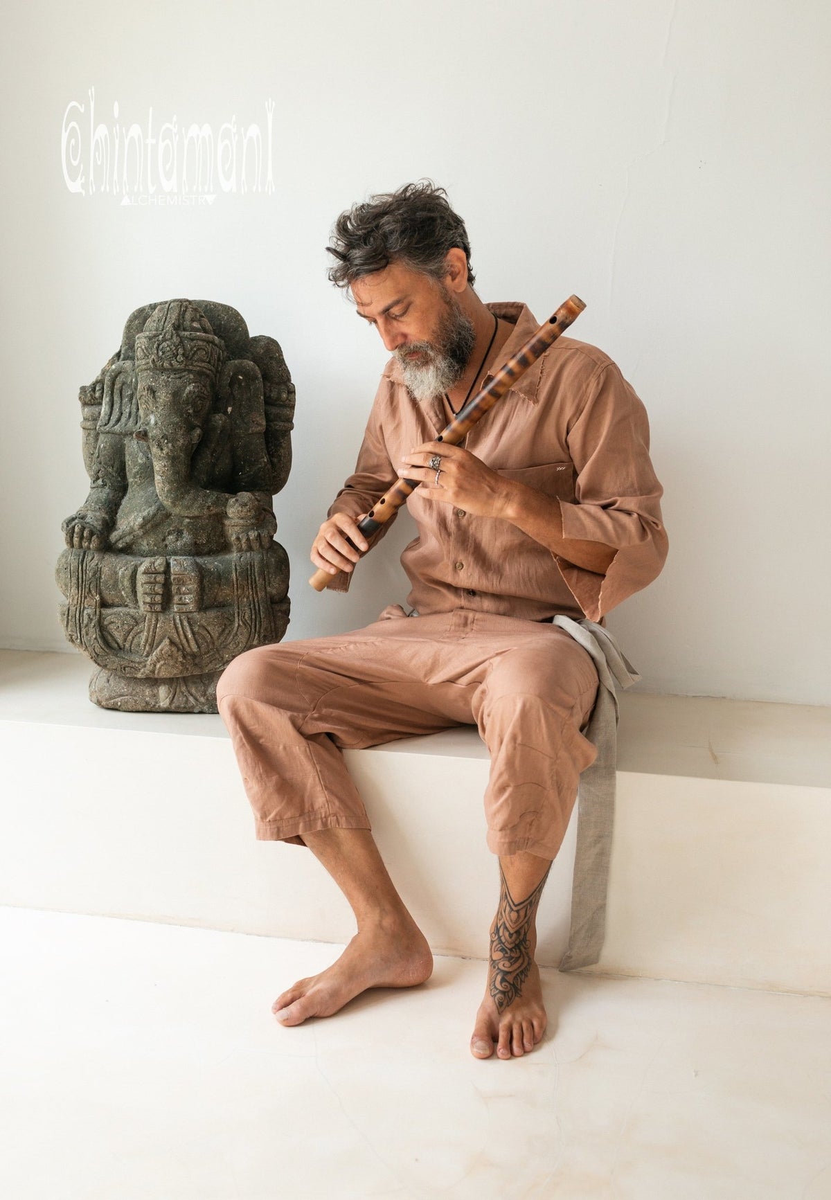 3/4 Linen Overalls for Men / Coverall Jumpsuit with Belt / Dusty Pink - ChintamaniAlchemi