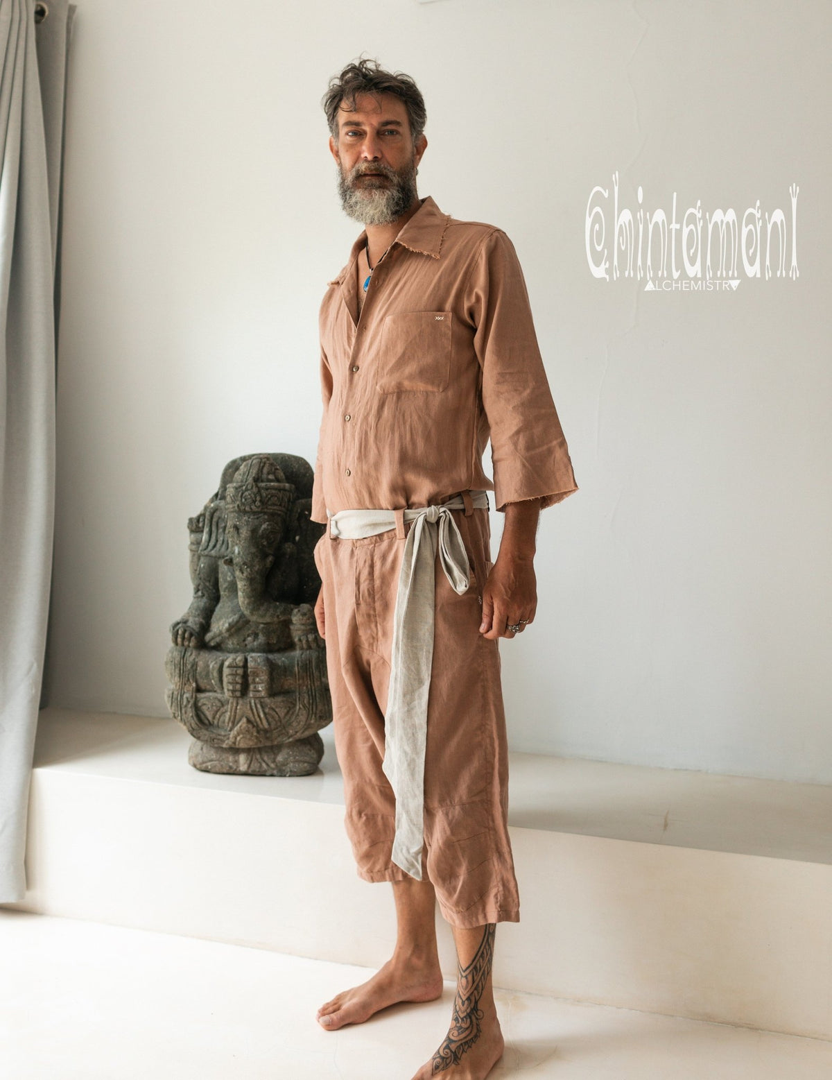 3/4 Linen Overalls for Men / Coverall Jumpsuit with Belt / Dusty Pink - ChintamaniAlchemi