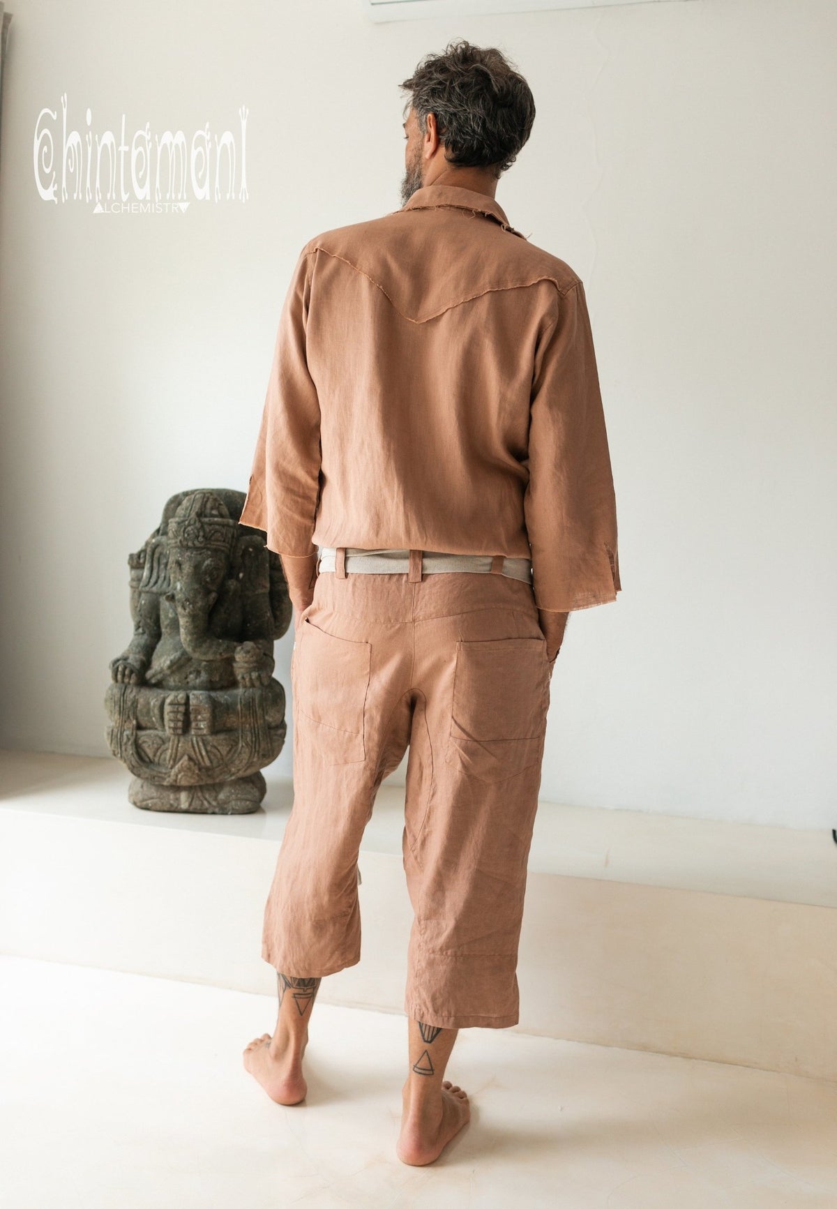 3/4 Linen Overalls for Men / Coverall Jumpsuit with Belt / Dusty Pink - ChintamaniAlchemi