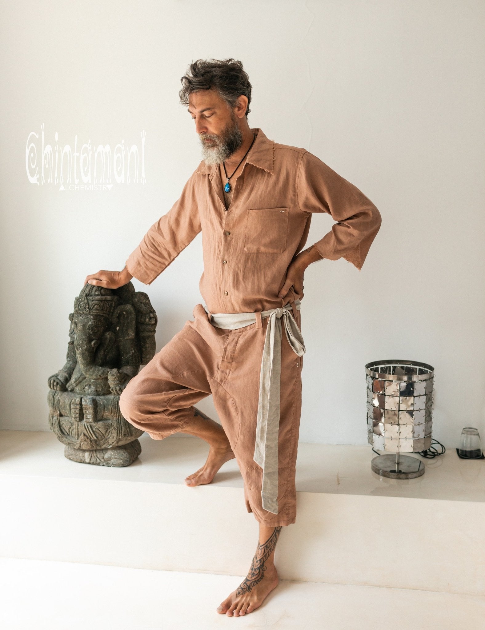 Pink Jumpsuit Linen Coverall / ChintamaniAlchemi Dusty Belt Men / – 3/4 with Overalls for