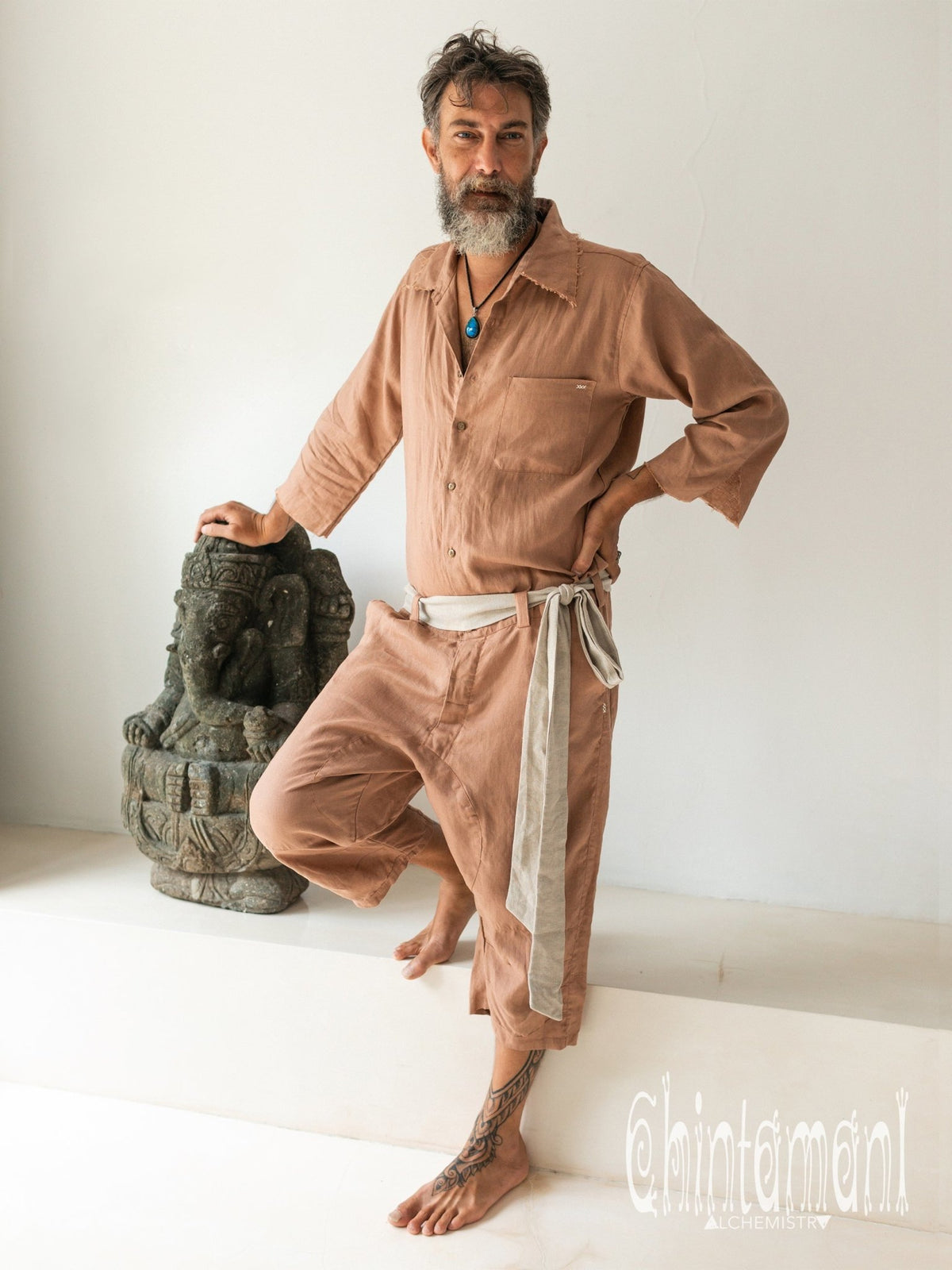 3/4 Linen Overalls for Men / Coverall Jumpsuit with Belt / Dusty Pink - ChintamaniAlchemi