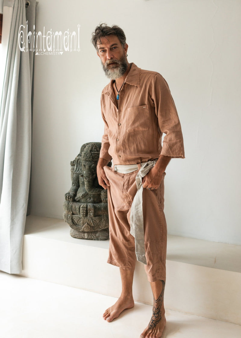 3/4 Linen Overalls for Men / Coverall Jumpsuit with Belt / Dusty Pink - ChintamaniAlchemi