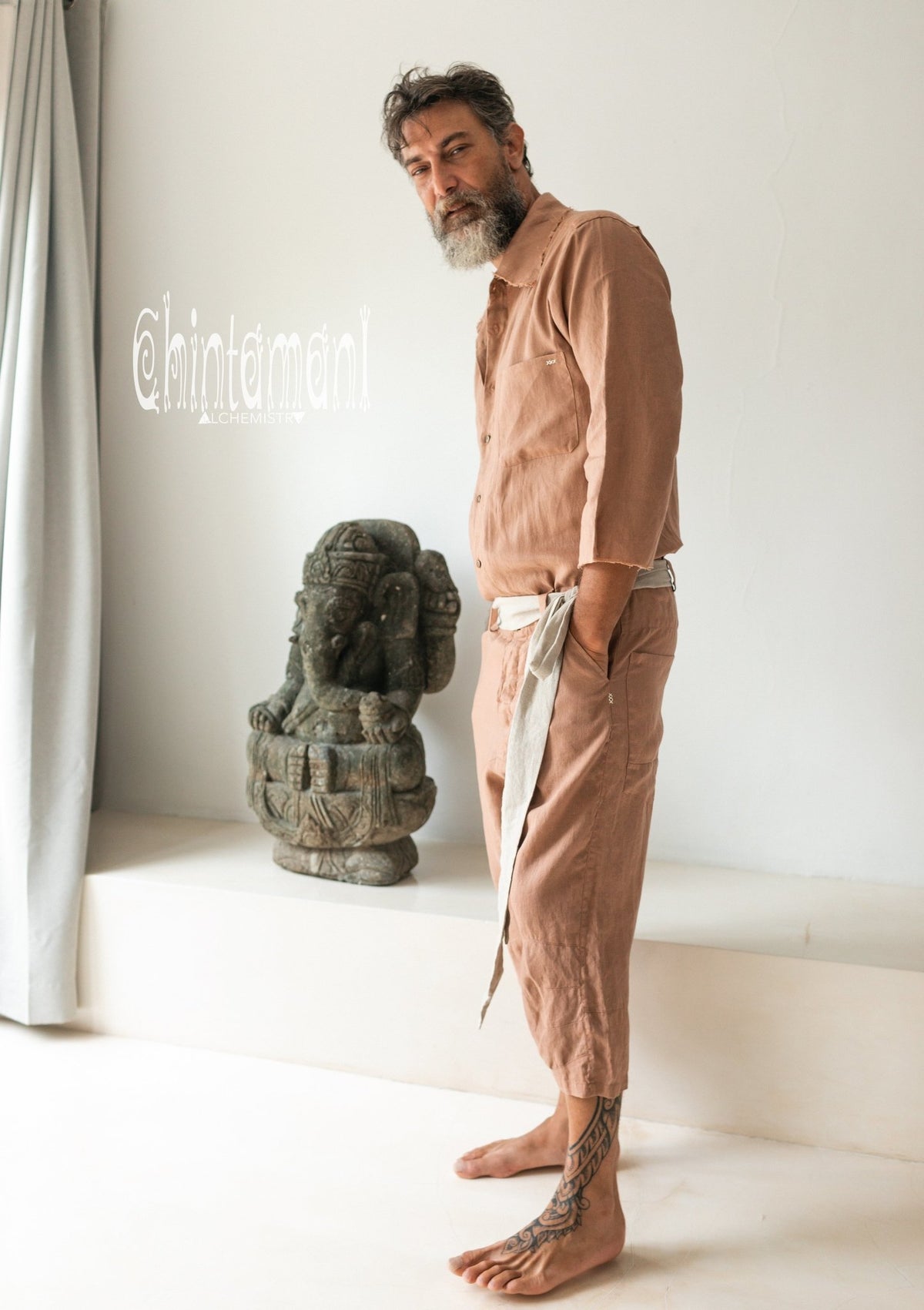 3/4 Linen Overalls for Men / Coverall Jumpsuit with Belt / Dusty Pink - ChintamaniAlchemi