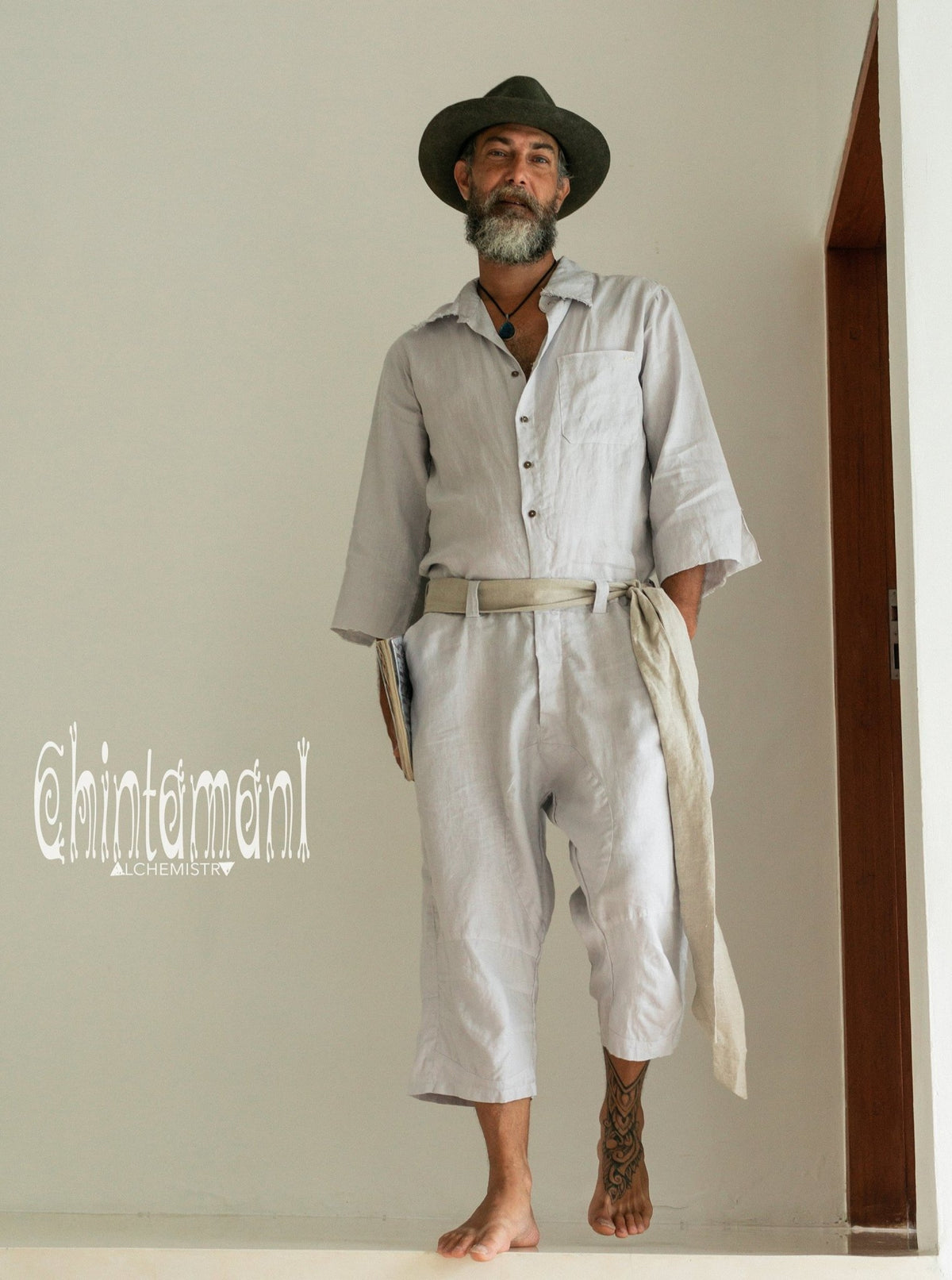 3/4 Linen Overalls for Men / Coverall Jumpsuit with Belt / Gray - ChintamaniAlchemi