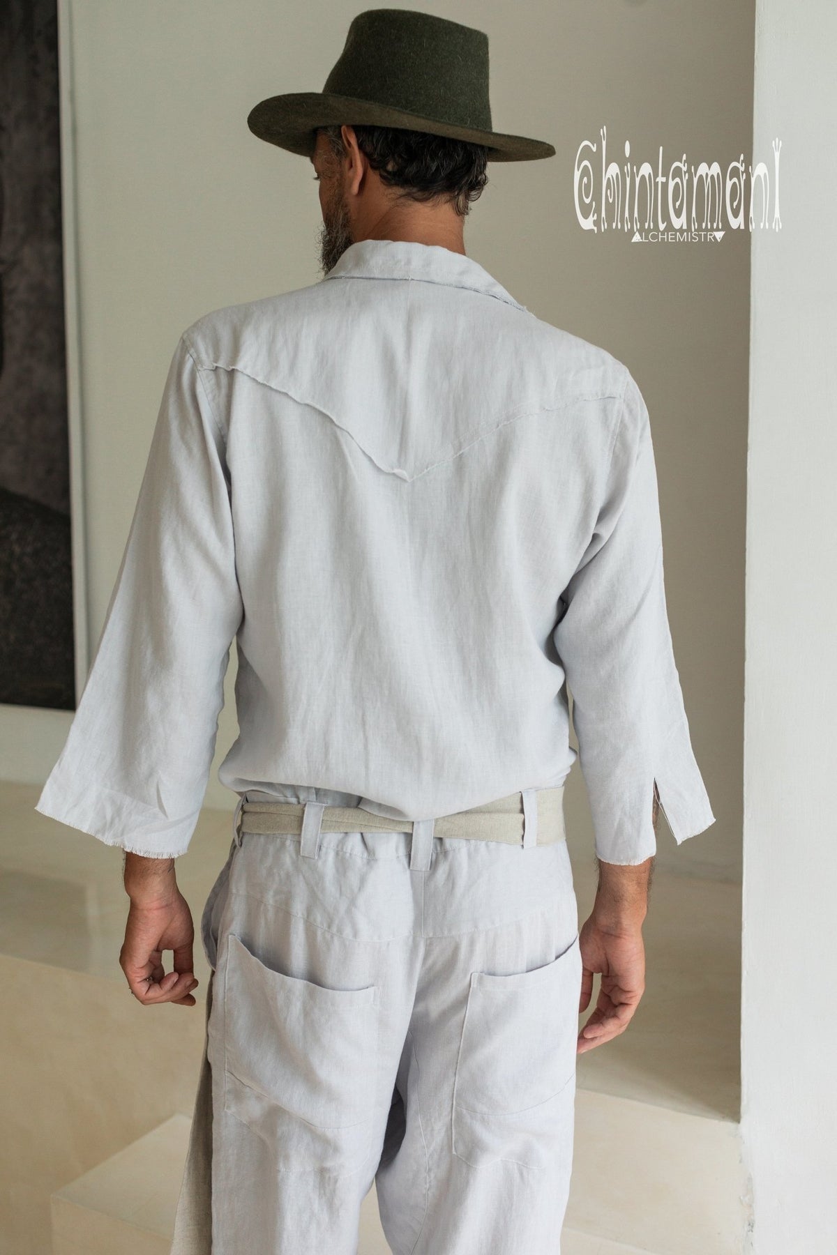 3/4 Linen Overalls for Men / Coverall Jumpsuit with Belt / Gray - ChintamaniAlchemi