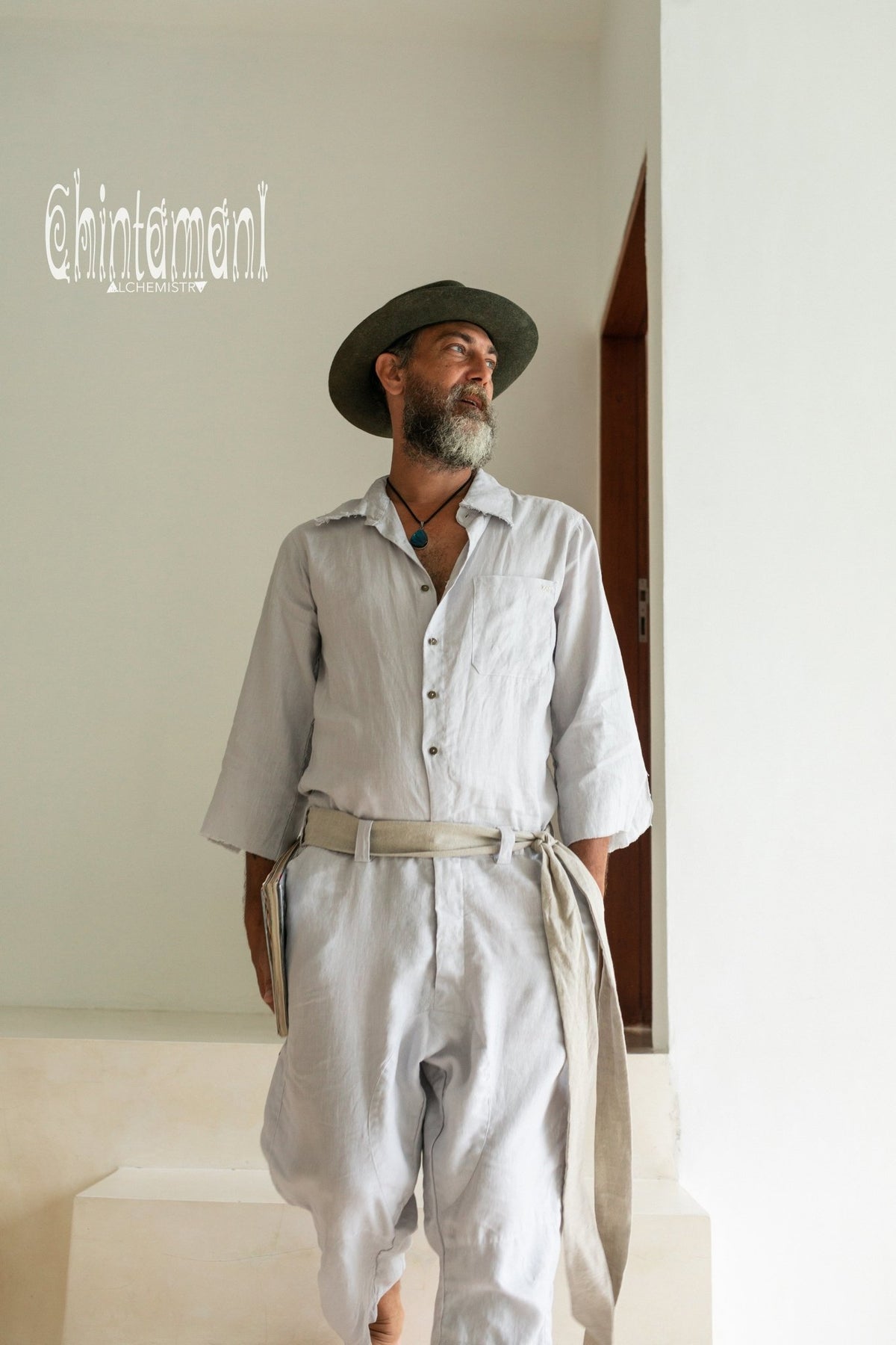 3/4 Linen Overalls for Men / Coverall Jumpsuit with Belt / Gray - ChintamaniAlchemi